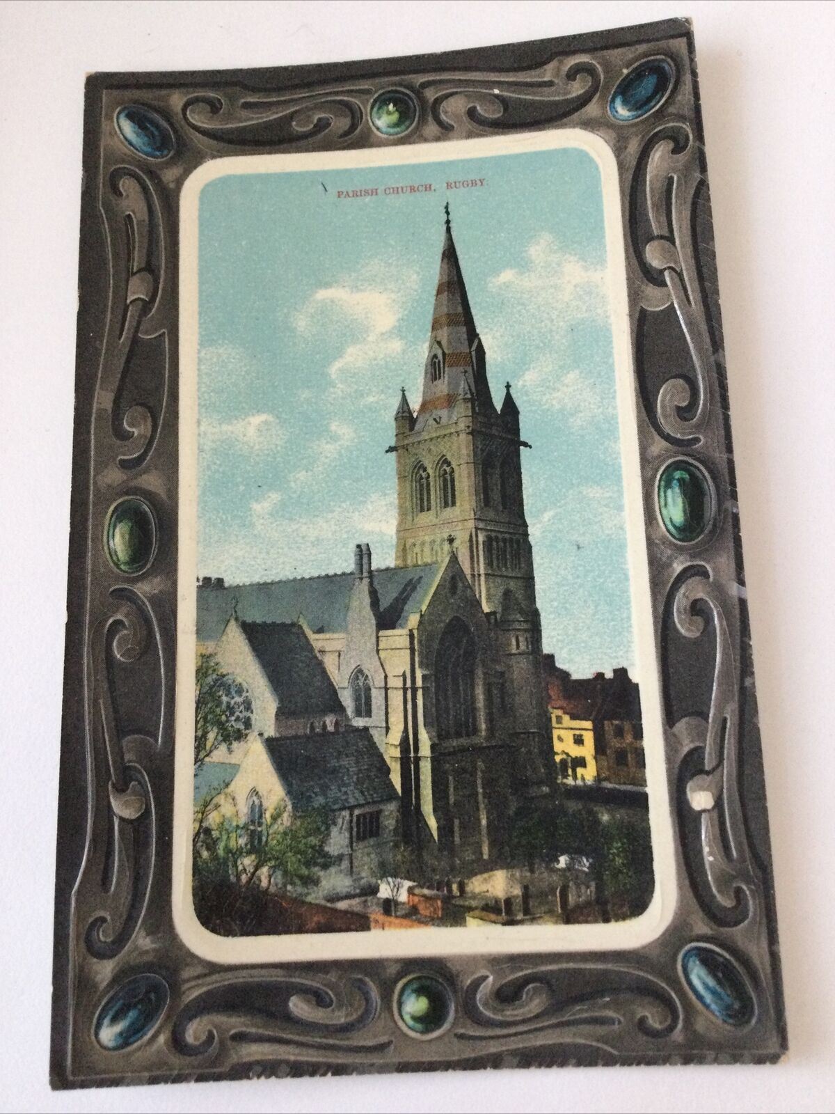 Vintage Colour Printed Postcard - Textured Border - ENGLAND - Rugby Parish Church - C.1912