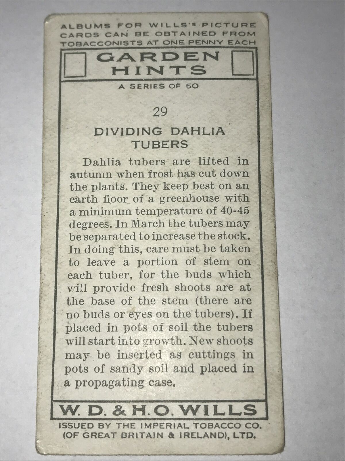 Wills Cigarette Cards - Garden Hints - 1938 - Sold Individually - Please pick from the drop-down menu