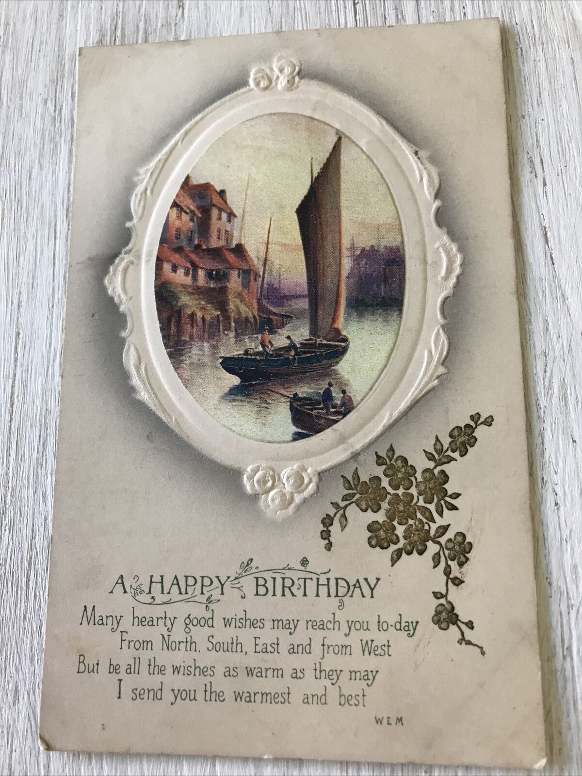 Antique Birthday Greetings Postcard - Boats On River - Nice Poem - 1916 - 'From Teacher'