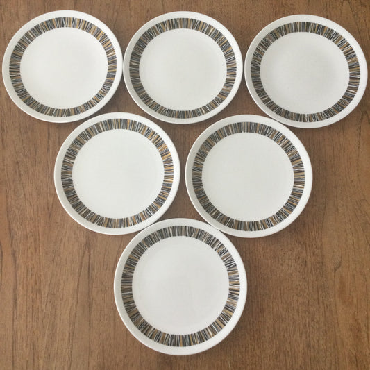 1960s Royal Tuscan Wedgwood Cascade set of 6 side plates. Black and gold retro stripes on white china.