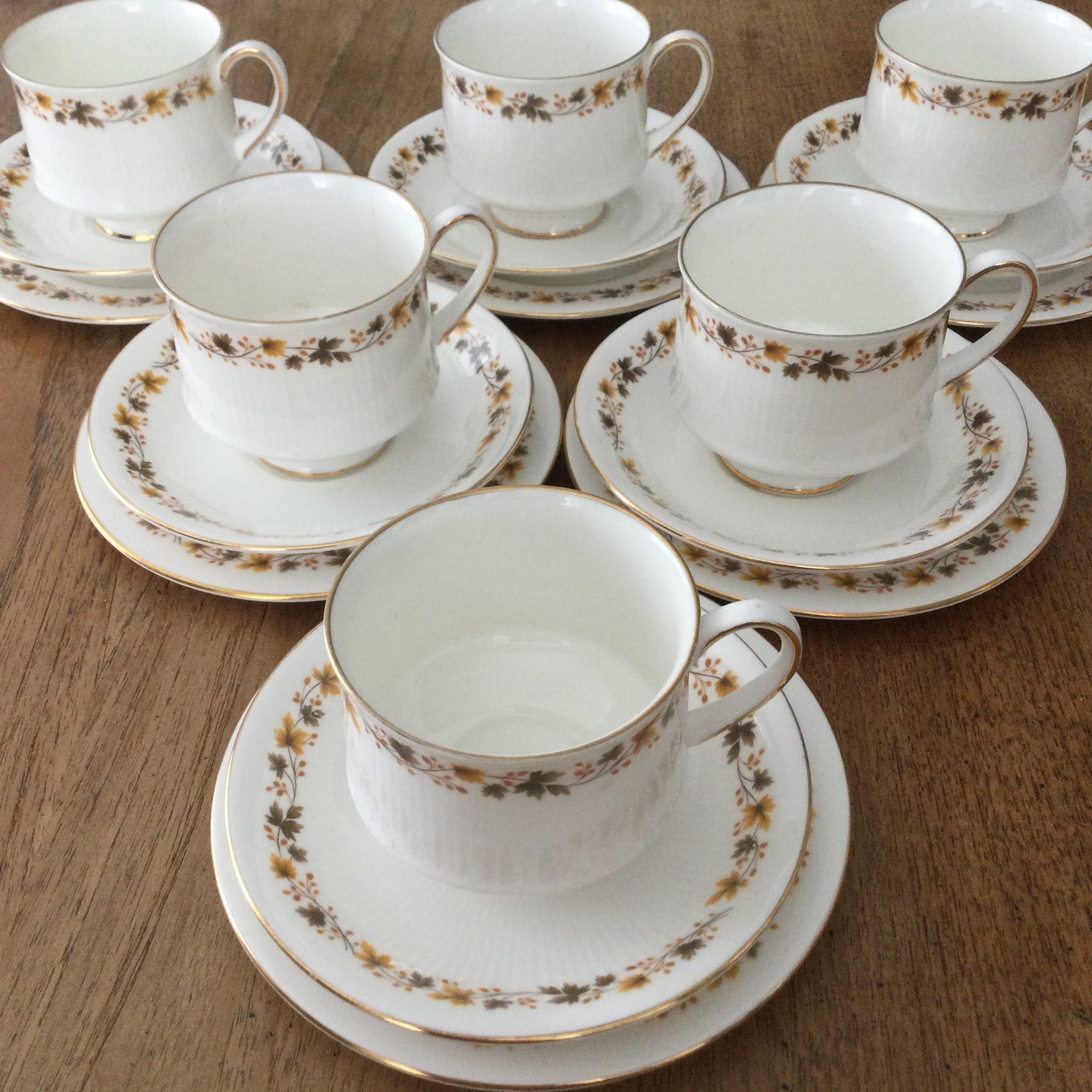 Royal Kent Golden Glory set of 6 trios. Cups, saucers, and side plates. Autumn leaf design. Mid century.