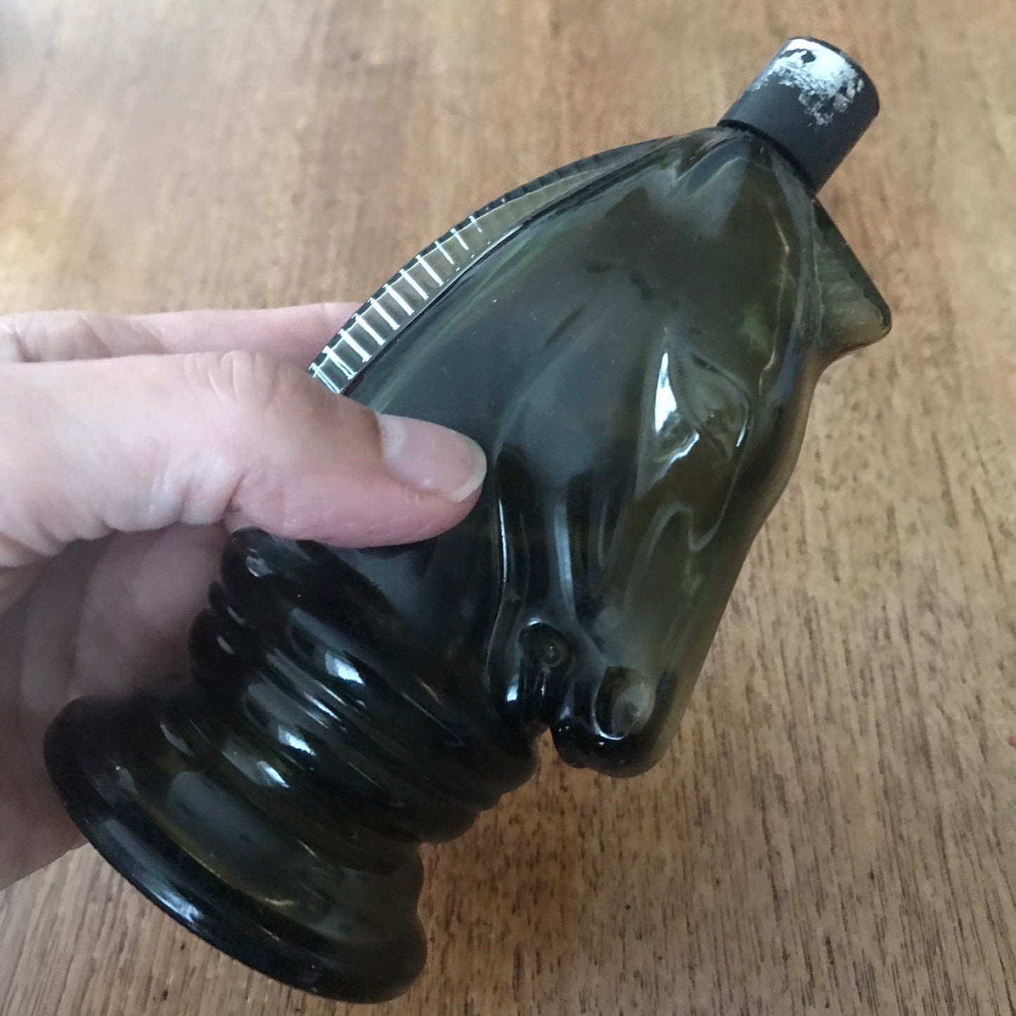 Copy of Avon Cosmetics horse head Bravado aftershave glass bottle Green glass vintage 1970s empty and missing a metal ring
