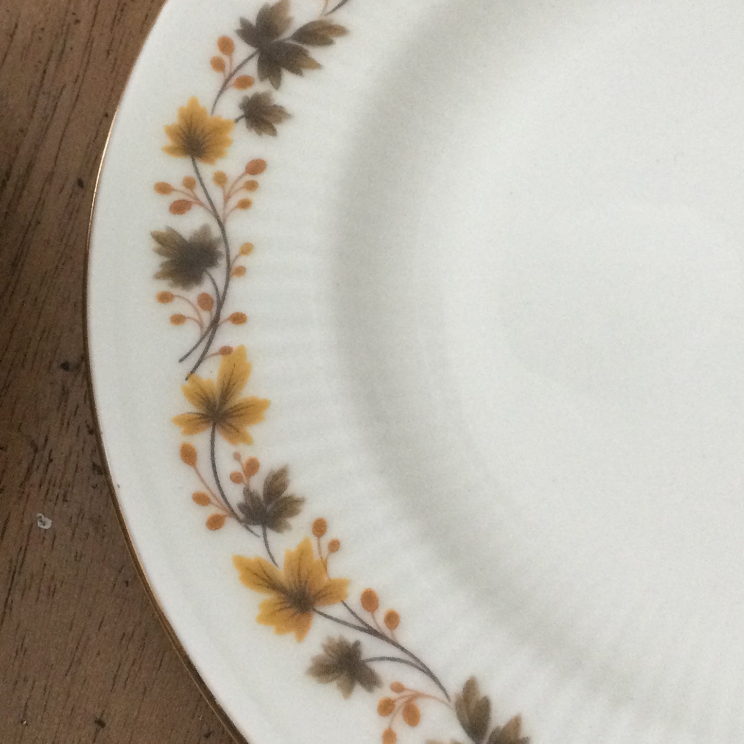 Royal Kent Golden Glory set of 6 trios. Cups, saucers, and side plates. Autumn leaf design. Mid century.