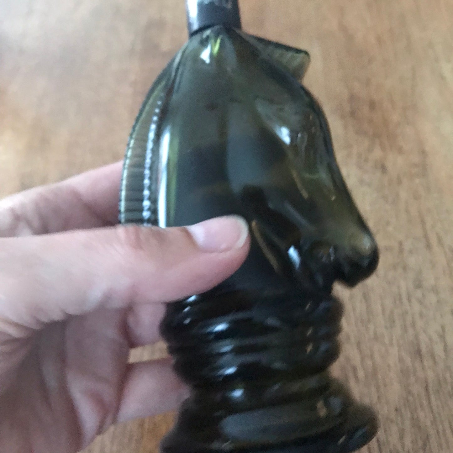Copy of Avon Cosmetics horse head Bravado aftershave glass bottle Green glass vintage 1970s empty and missing a metal ring