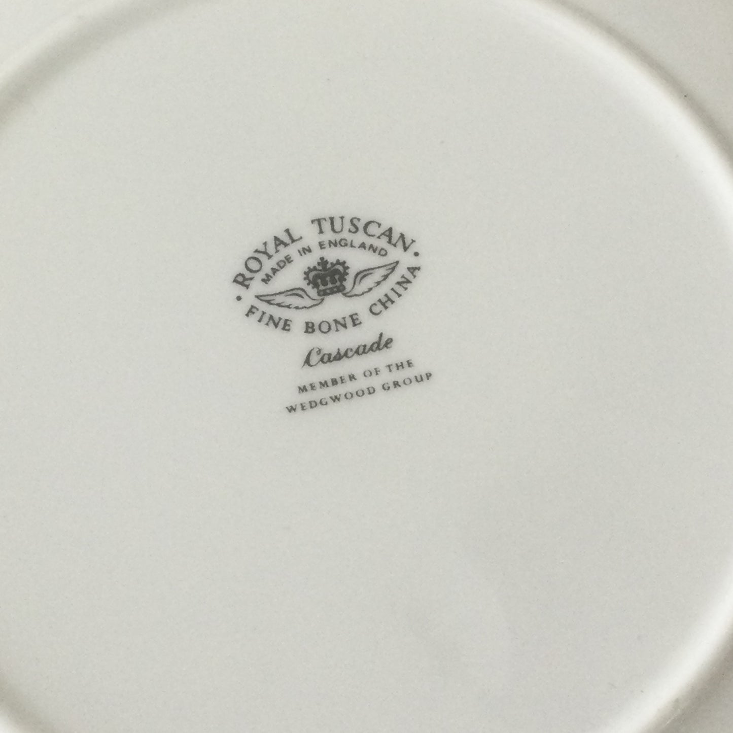 1960s Royal Tuscan Wedgwood Cascade set of 6 side plates. Black and gold retro stripes on white china.