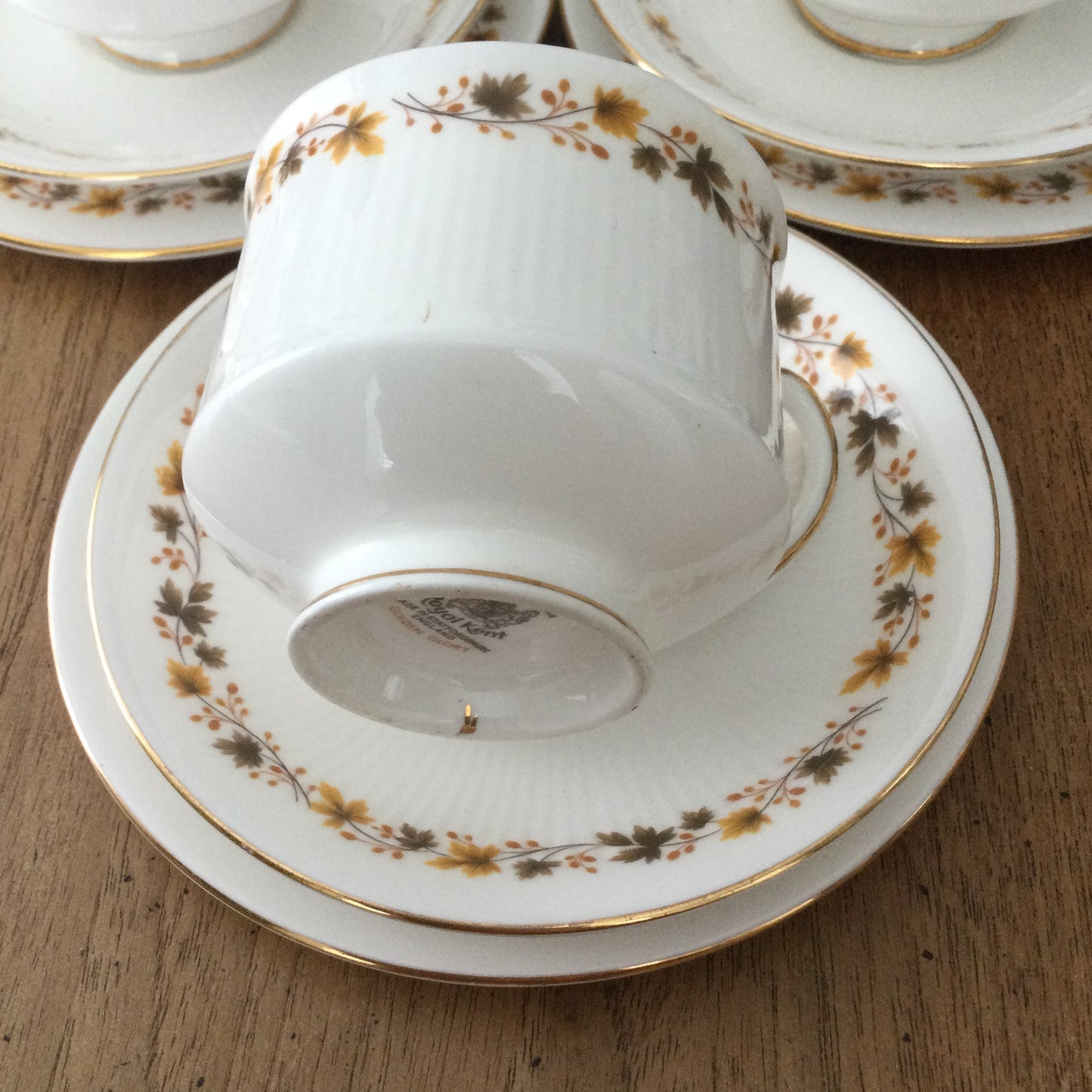 Royal Kent Golden Glory set of 6 trios. Cups, saucers, and side plates. Autumn leaf design. Mid century.