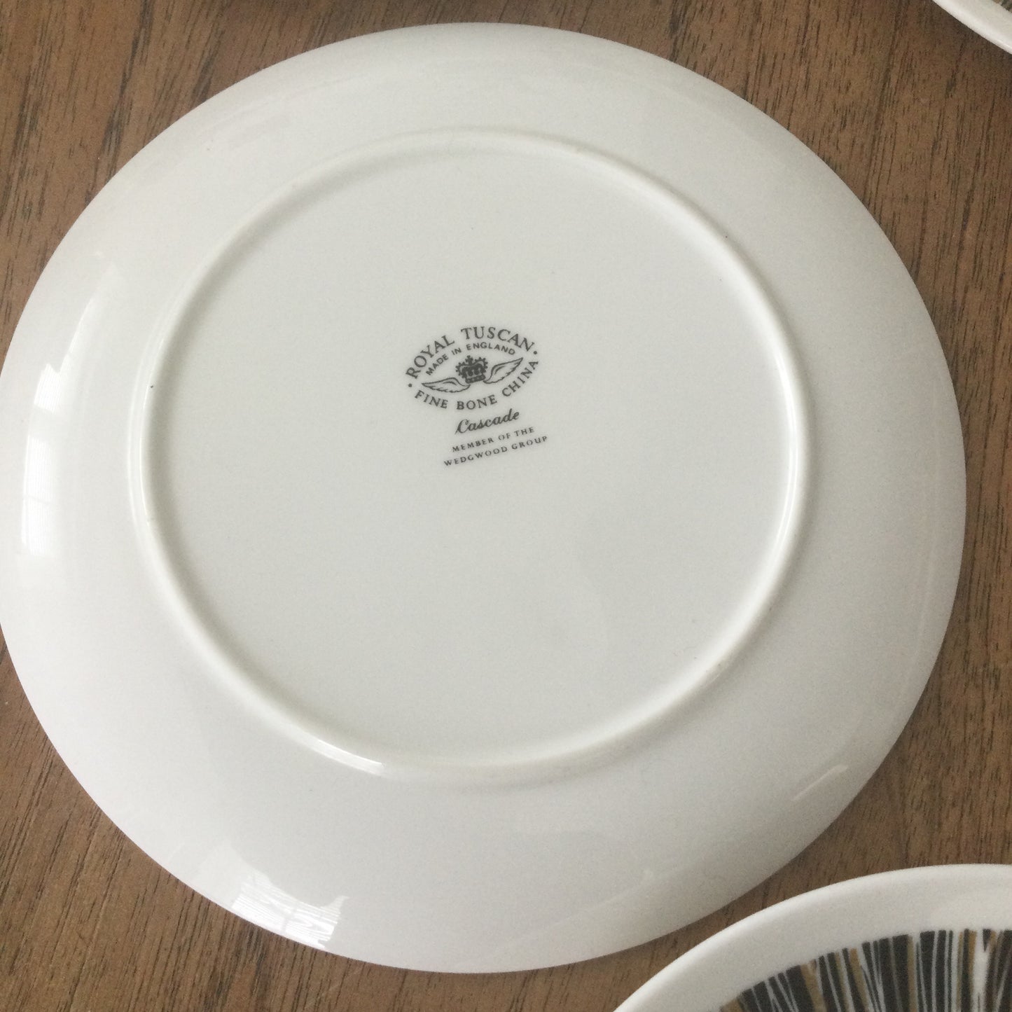1960s Royal Tuscan Wedgwood Cascade set of 6 side plates. Black and gold retro stripes on white china.