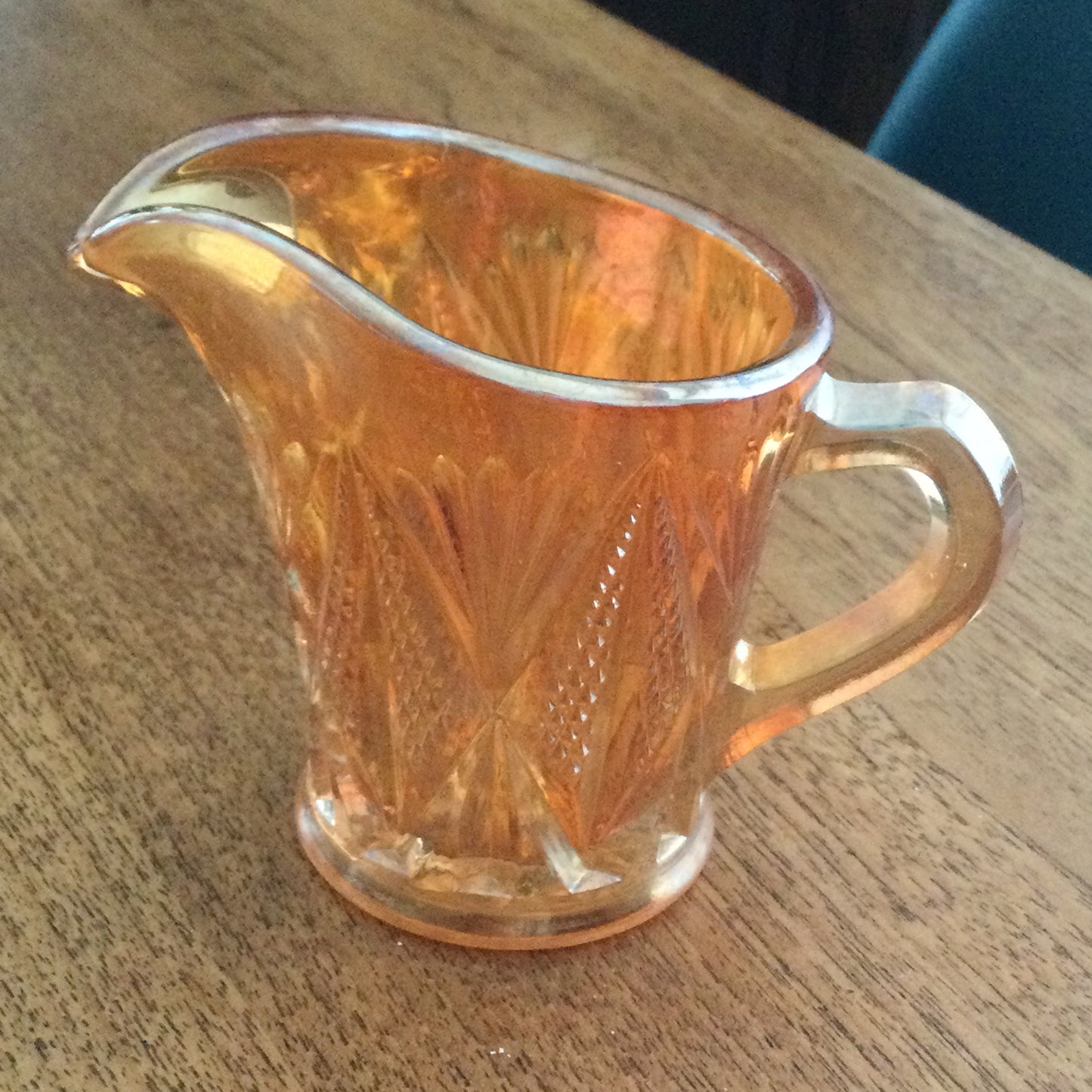 Vintage Orange Marigold Lustre Carnival glass small milk / cream jug / creamer. Diamond pattern. Height 9cm