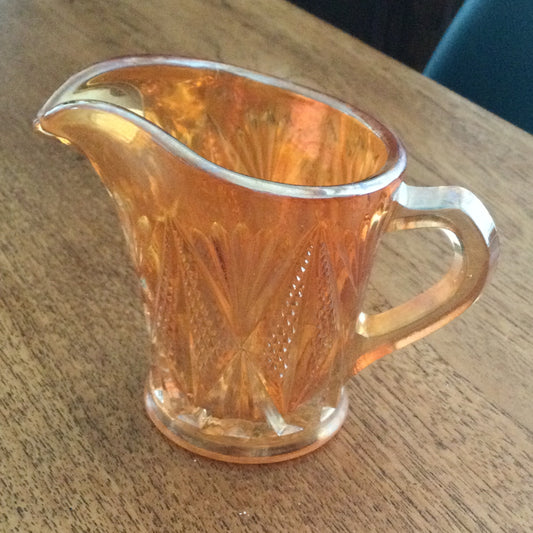 Vintage Orange Marigold Lustre Carnival glass small milk / cream jug / creamer. Diamond pattern. Height 9cm