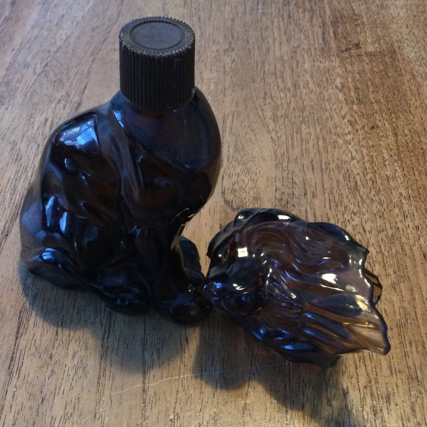 Avon vintage brown glass lion shape Black Suede aftershave bottle (empty) - 70s retro dressing table decor