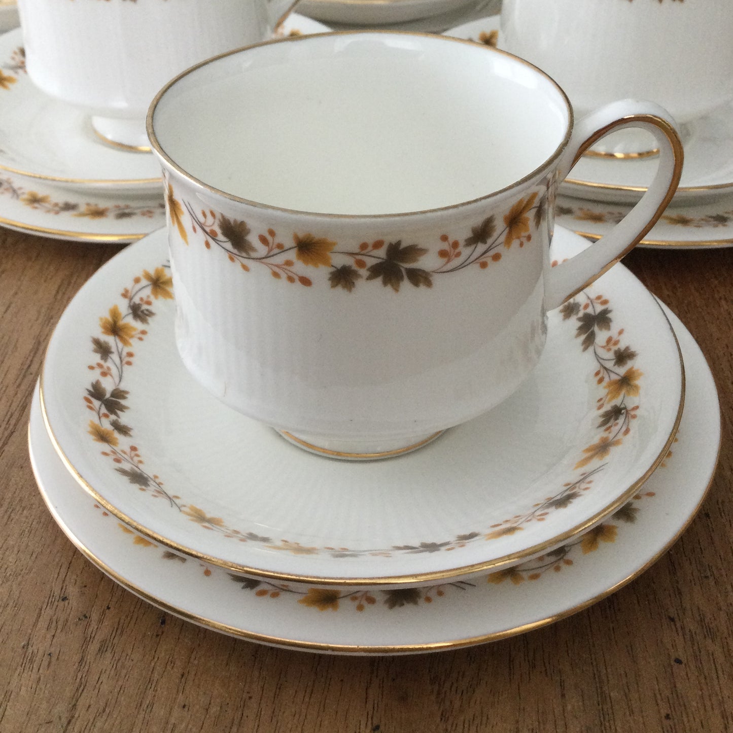 Royal Kent Golden Glory set of 6 trios. Cups, saucers, and side plates. Autumn leaf design. Mid century.
