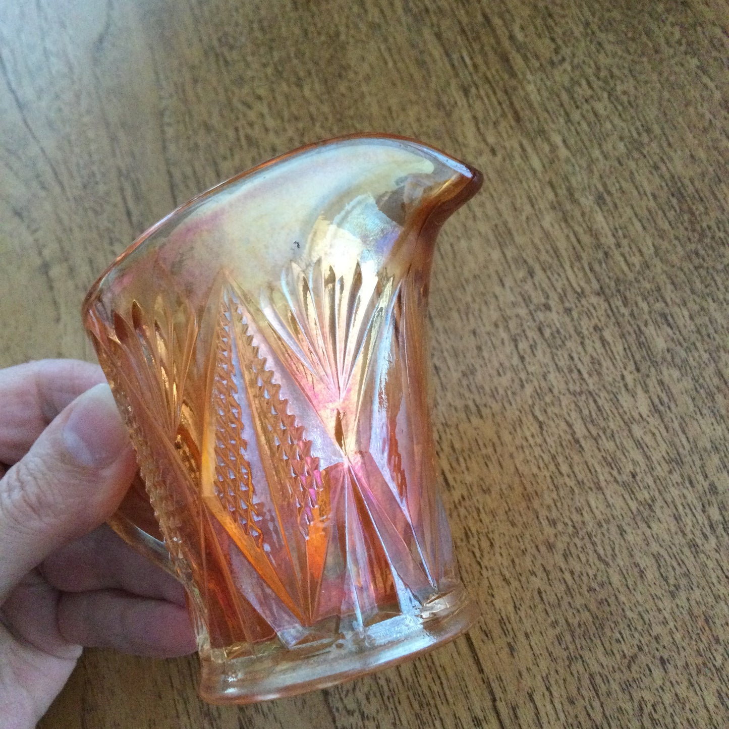 Vintage Orange Marigold Lustre Carnival glass small milk / cream jug / creamer. Diamond pattern. Height 9cm