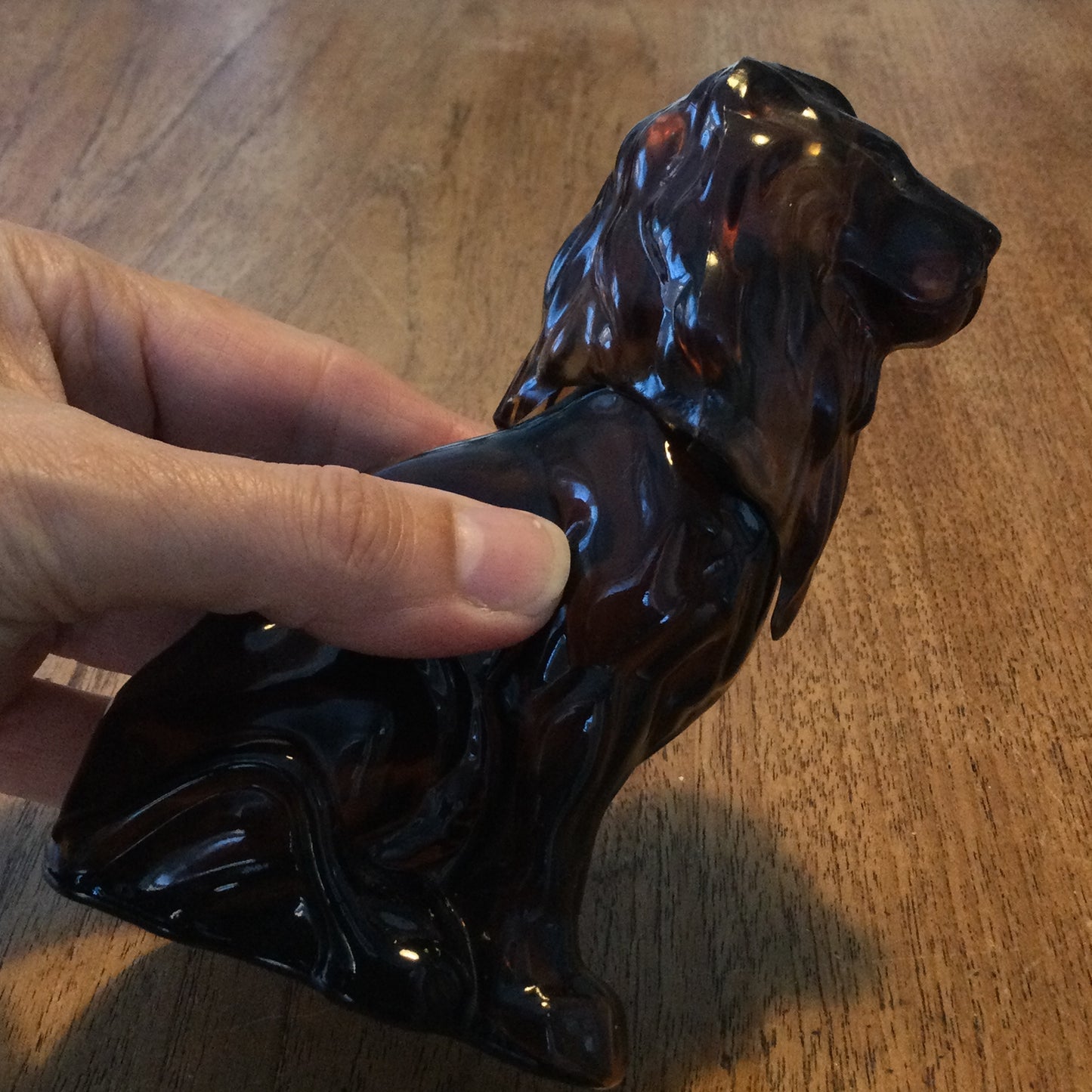 Avon vintage brown glass lion shape Black Suede aftershave bottle (empty) - 70s retro dressing table decor