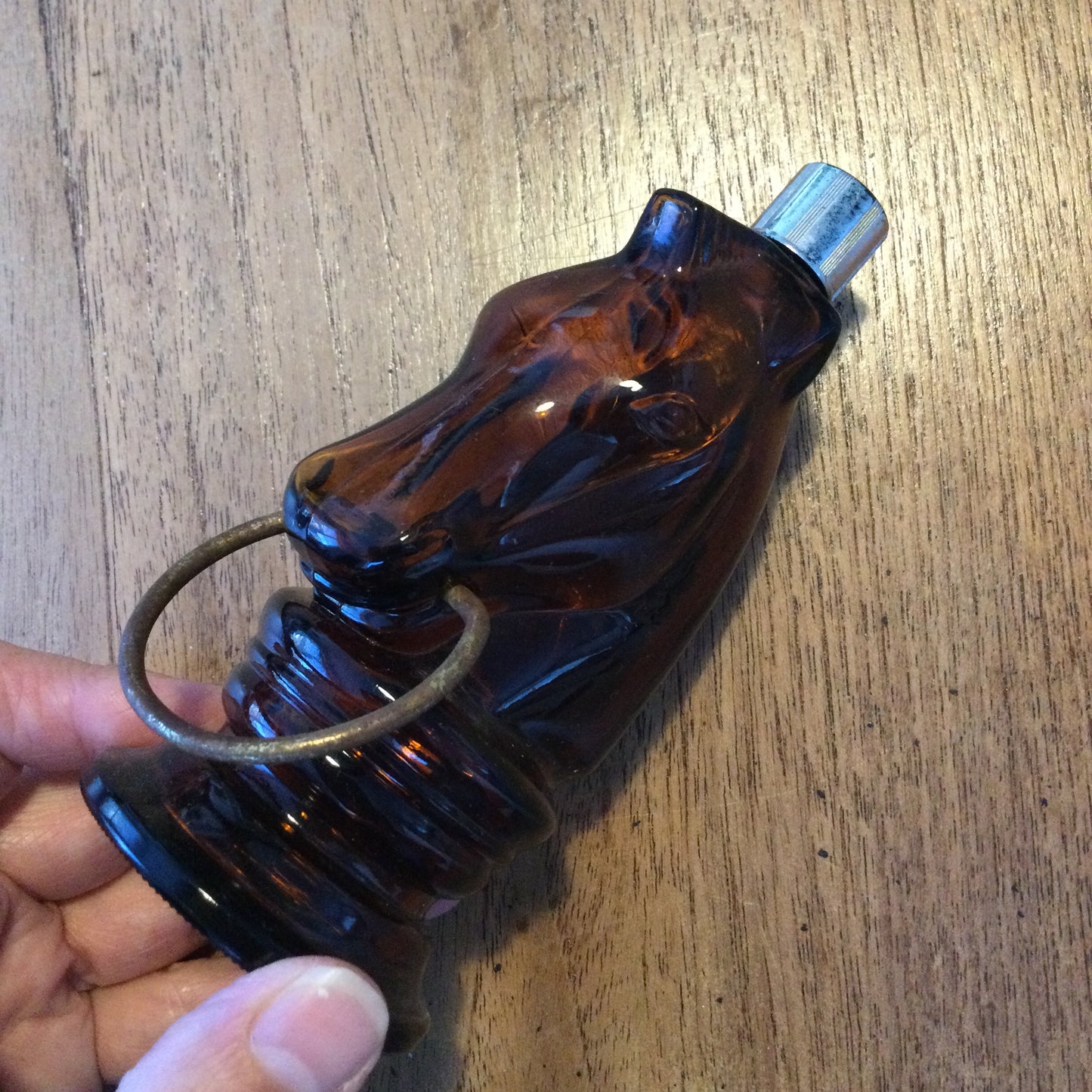 Avon Cosmetics horse head Bravado aftershave glass bottle Amber / brown glass vintage 1970s small amount left