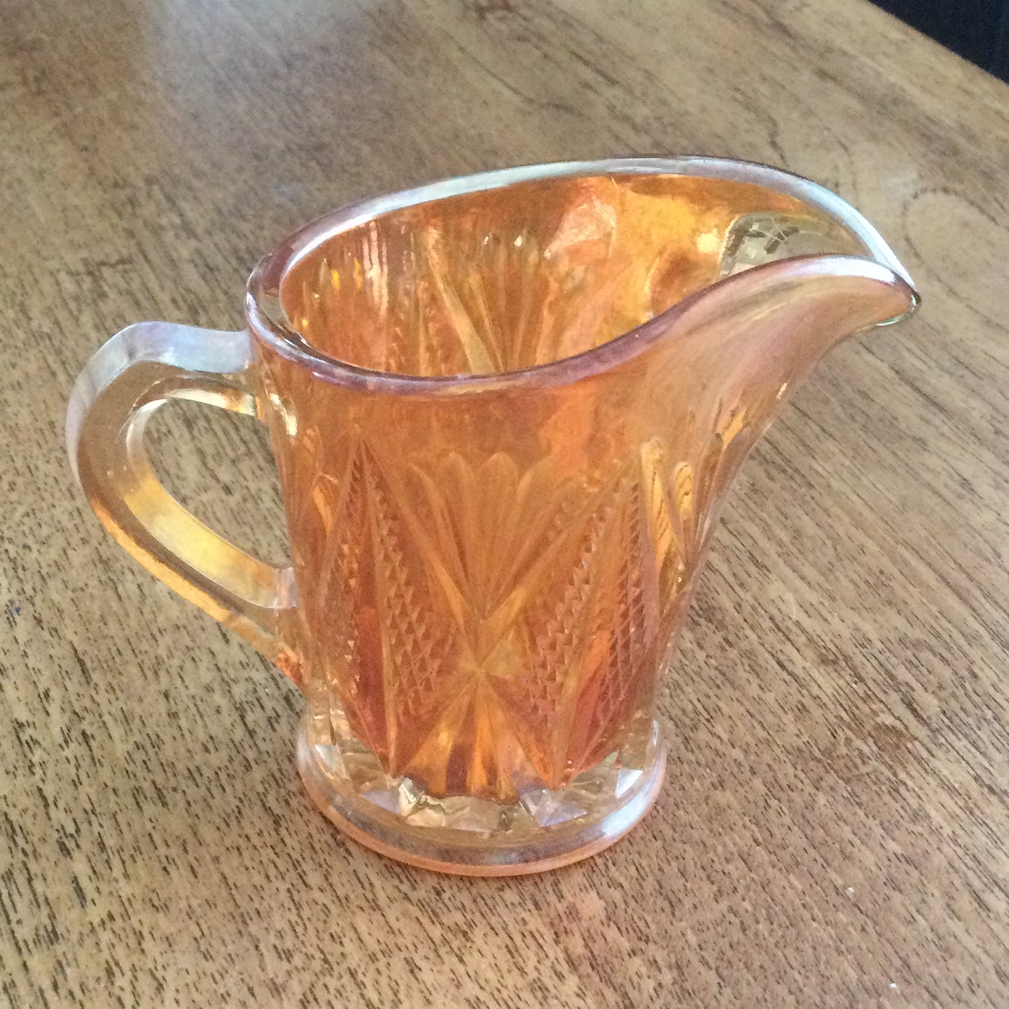 Vintage Orange Marigold Lustre Carnival glass small milk / cream jug / creamer. Diamond pattern. Height 9cm