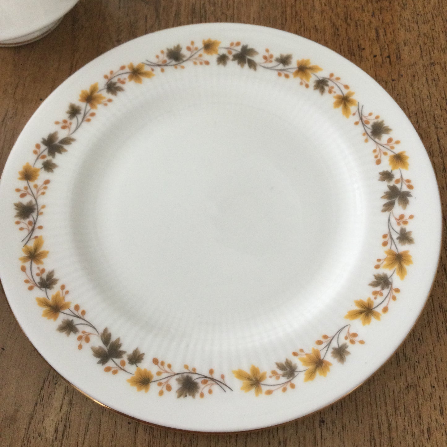 Royal Kent Golden Glory set of 6 trios. Cups, saucers, and side plates. Autumn leaf design. Mid century.