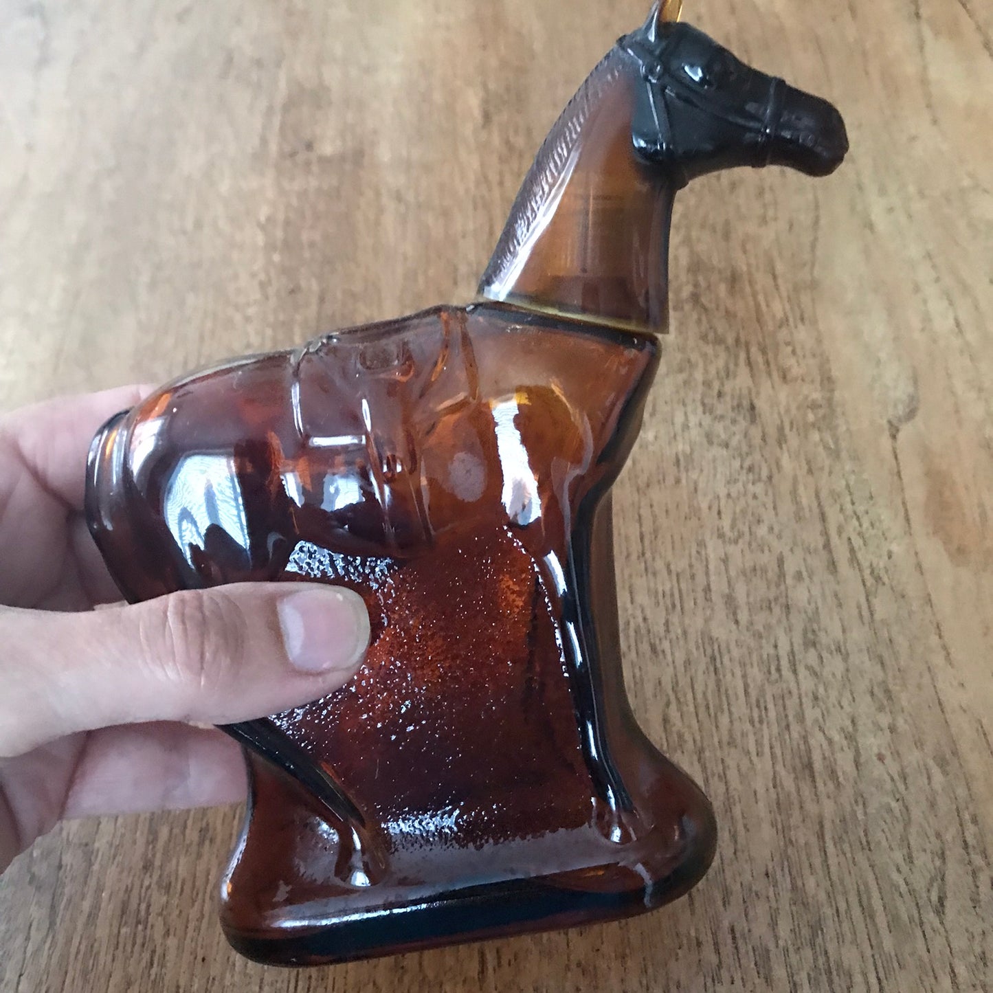 Vintage 70s 'Tai Winds' perfume / aftershave brown glass bottle, horse shape, EMPTY, very collectible, height approx 15cm