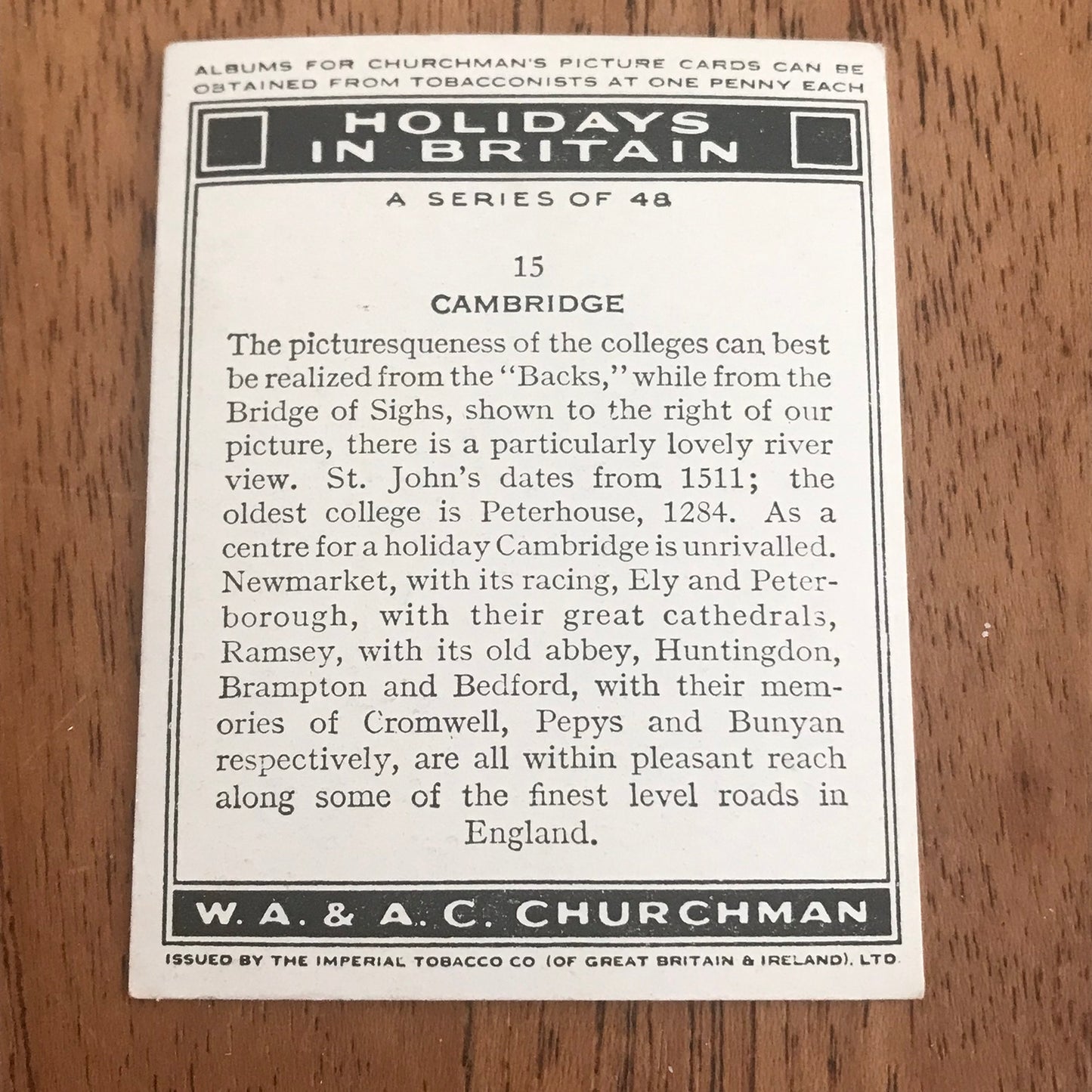 'Holidays In Britain' Churchman's Cigarette Cards 1938 SOLD INDIVIDUALLY - TAKE YOUR PICK!