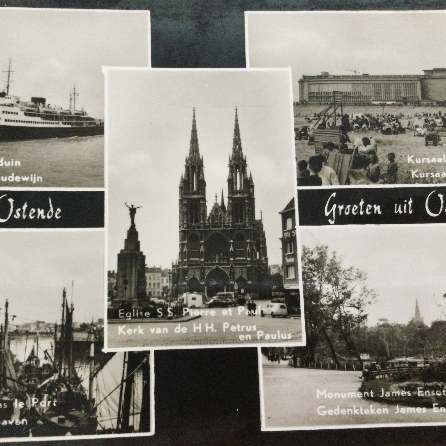 Vintage 1930s postcard Ostende Oostende BELGIUM b&w photo St Peter & Paul Church, Kursaal, La Malle Baudouin ship, fishing boats, James monument