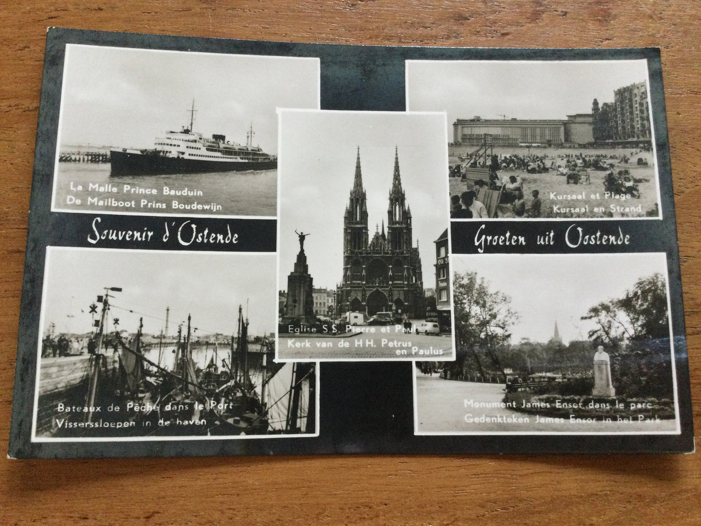 Vintage 1930s postcard Ostende Oostende BELGIUM b&w photo St Peter & Paul Church, Kursaal, La Malle Baudouin ship, fishing boats, James monument