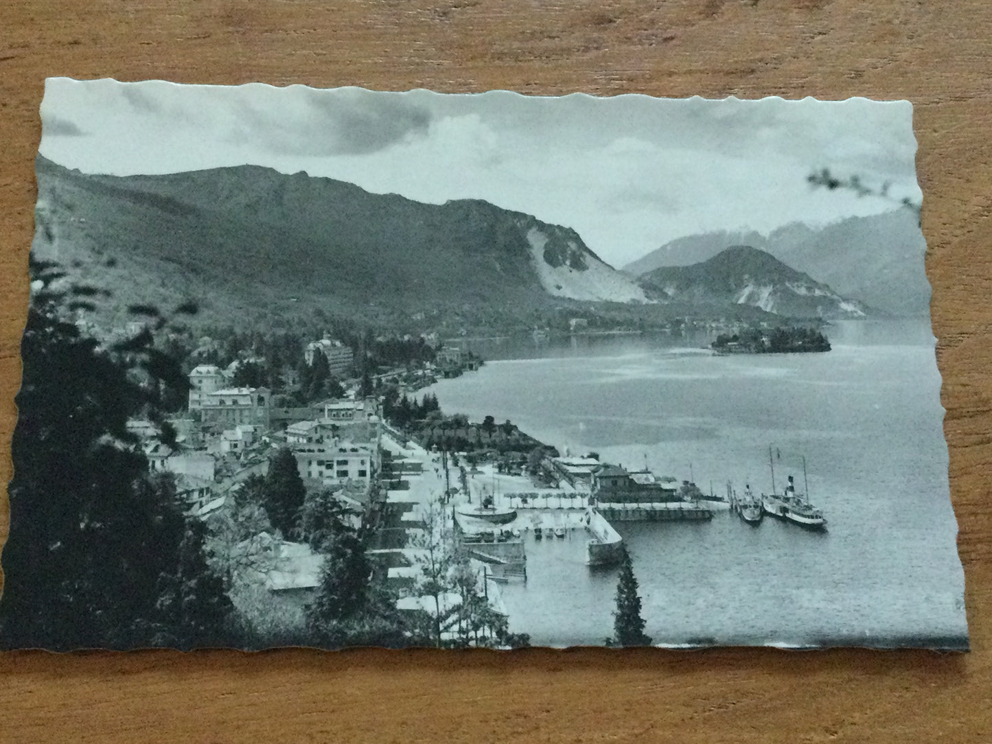 Vintage 1930s postcard - b&w - Lake Maggiore Stresa ITALY - View of Baveno and L'Isola Bella