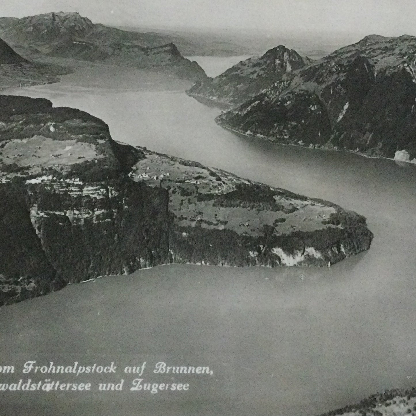 Vintage 1930s postcard b&w View from Frohnalpstock to Brunnen SWITZERLAND Lake Lucerne and Lake Zug