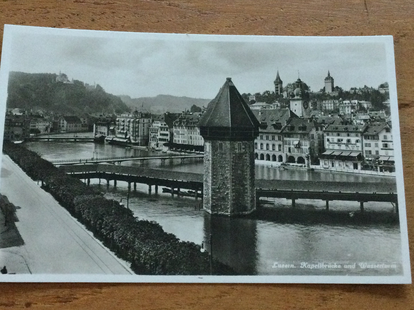 Vintage 1930s Postcard - Lucerne / Luzern SWITZERLAND - Chapel Bridge and Water Tower - Lake Lucerne