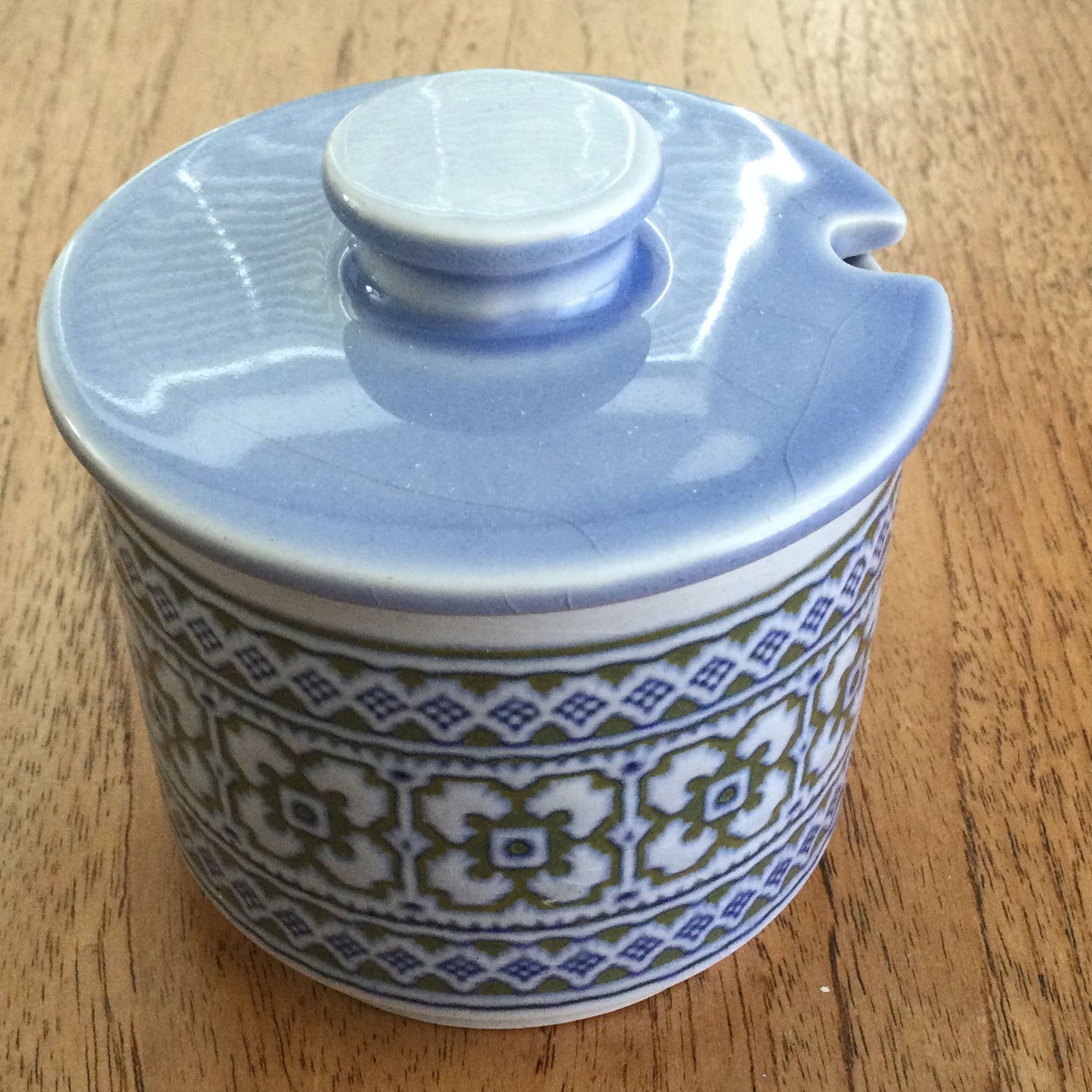 Hornsea Tapestry Preserve pot / jam / marmalade jar - Blue And Green Geometric Pattern - Vintage Retro