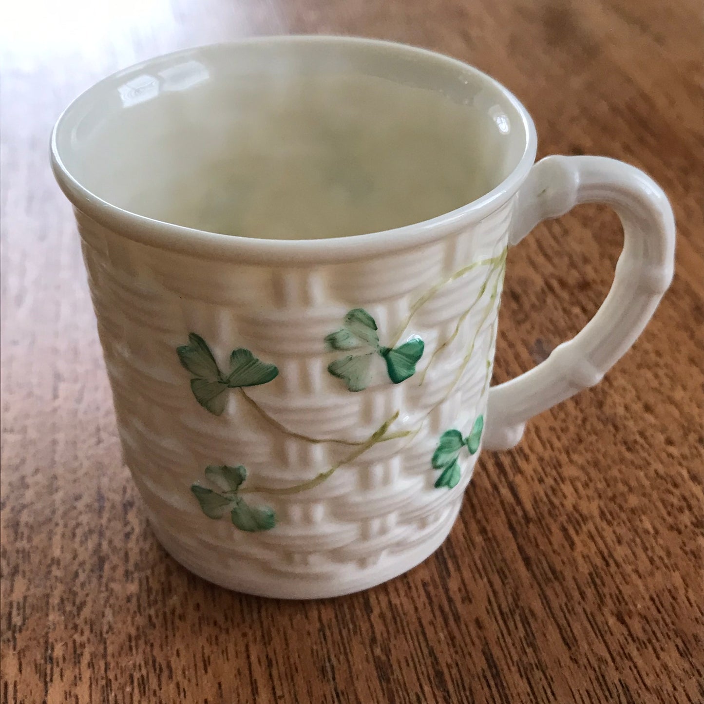 Belleek Shamrock Basket Weave Pattern Coffee Can Small Mug 8th Mark 1993-7. Perfect condition.