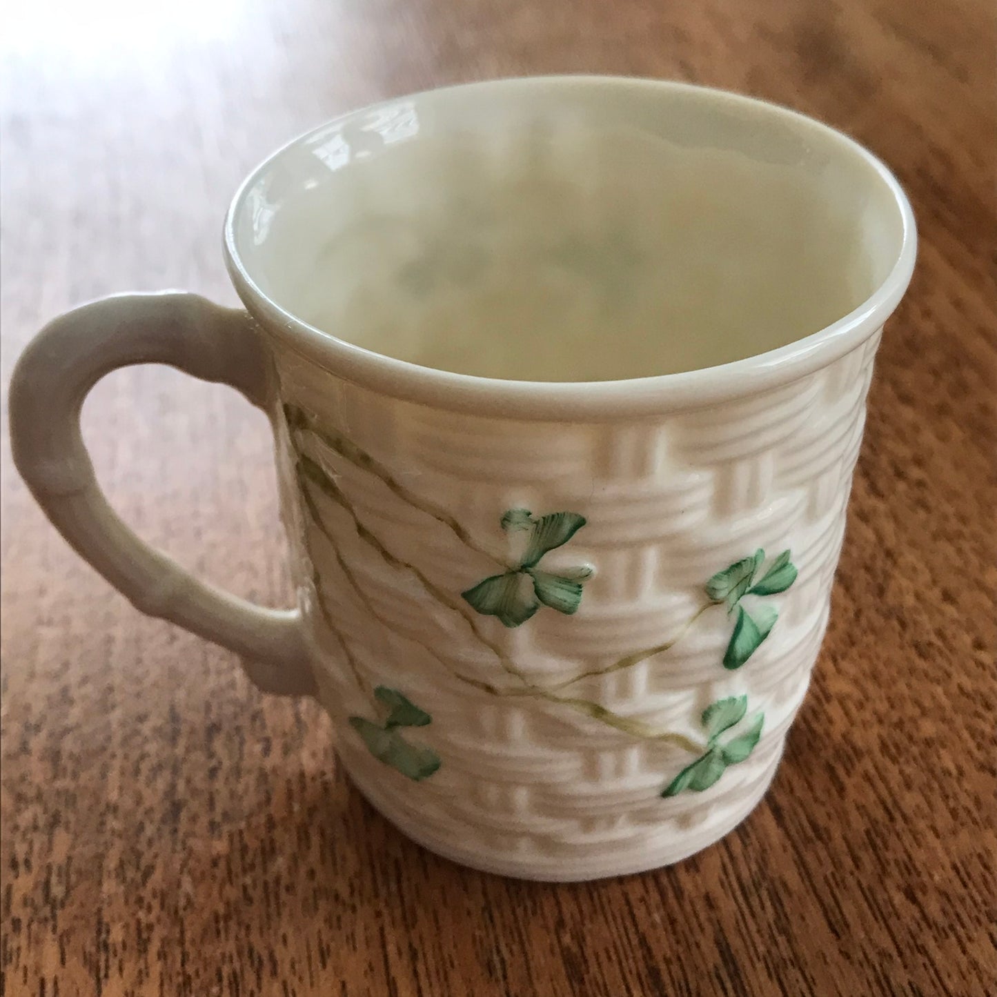 Belleek Shamrock Basket Weave Pattern Coffee Can Small Mug 8th Mark 1993-7. Perfect condition.