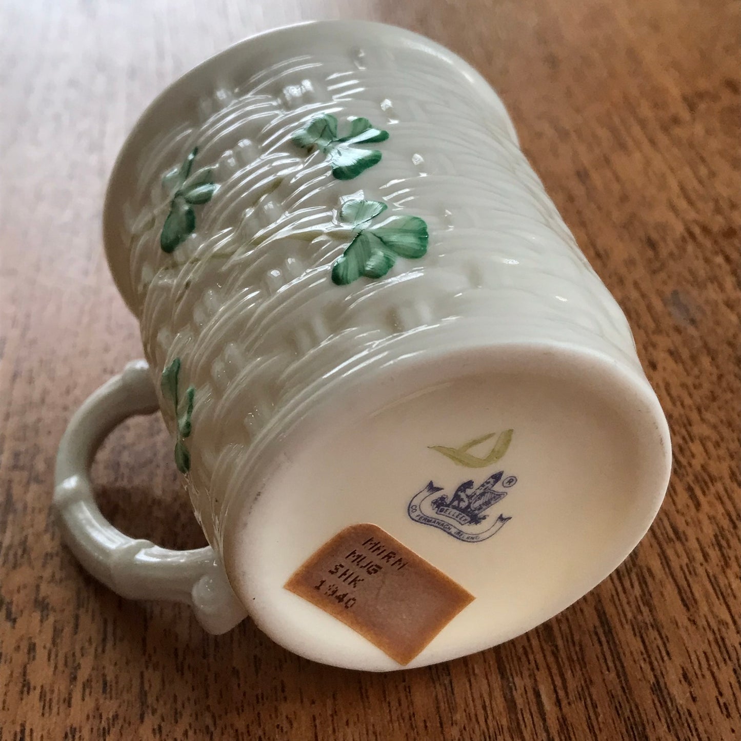 Belleek Shamrock Basket Weave Pattern Coffee Can Small Mug 8th Mark 1993-7. Perfect condition.