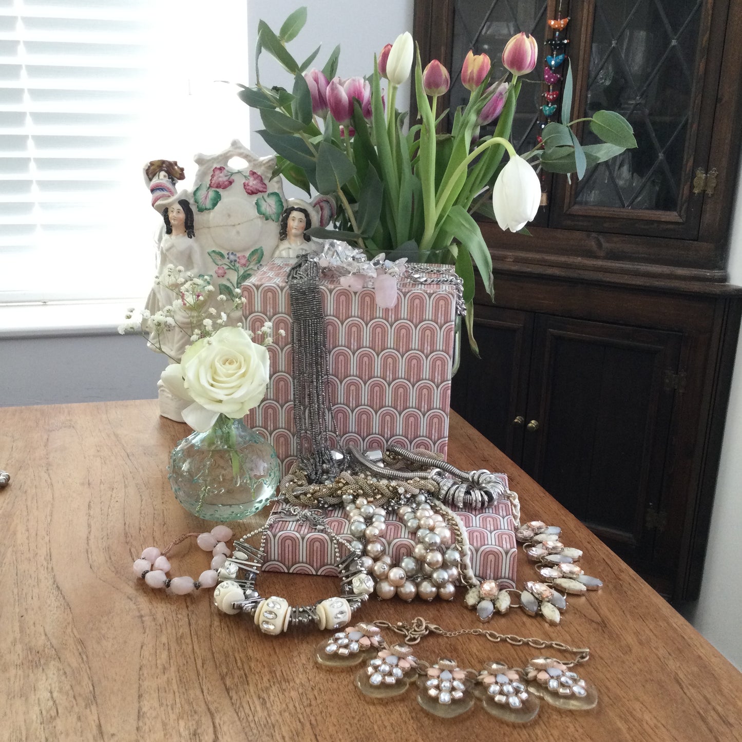 Rose Quartz Statement Necklace M&S Per Una On Chunky Silver Tone Curb Chain