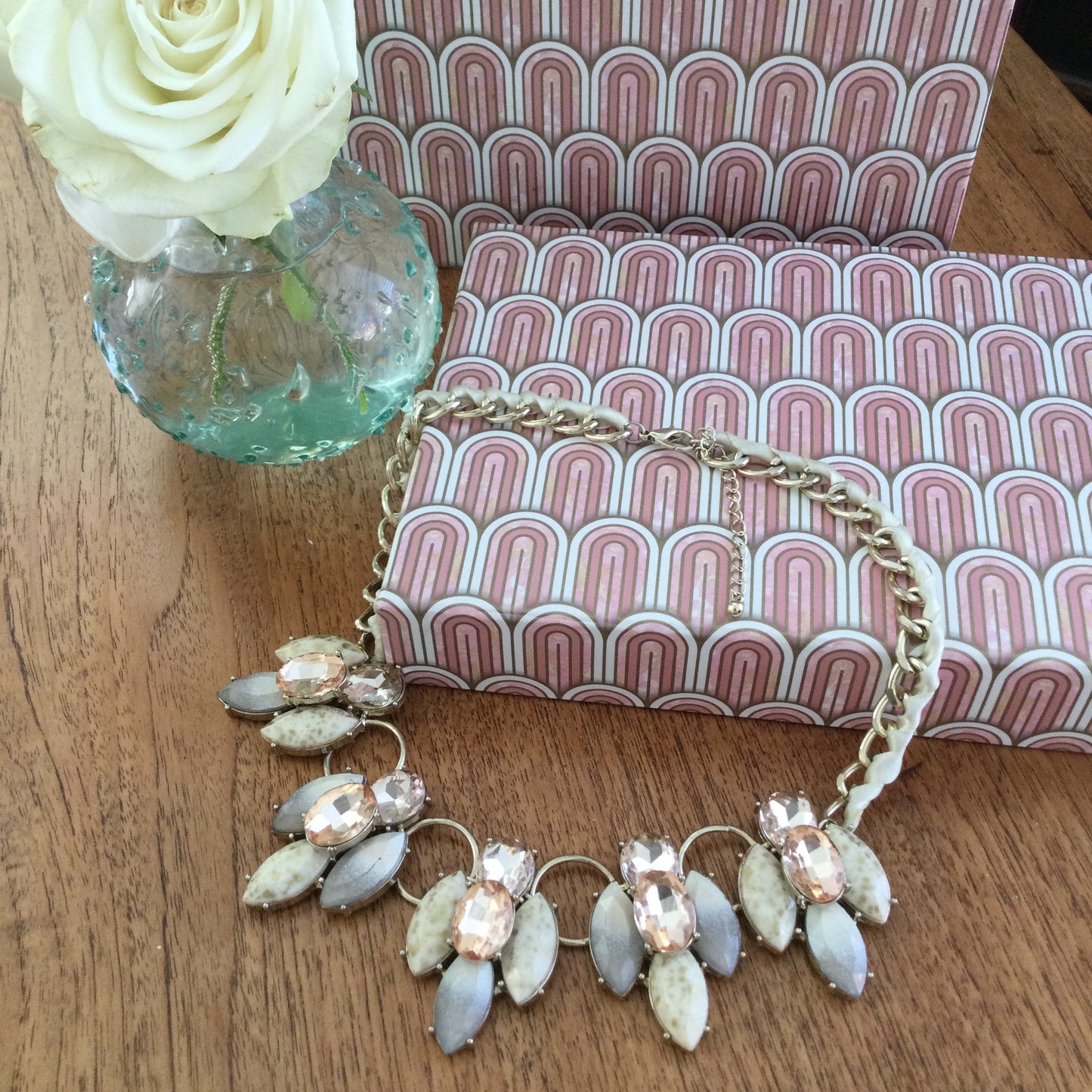 Statement Silver Tone Collar Necklace With Peachy Orange Large Rhinestones & Woven Ribbon