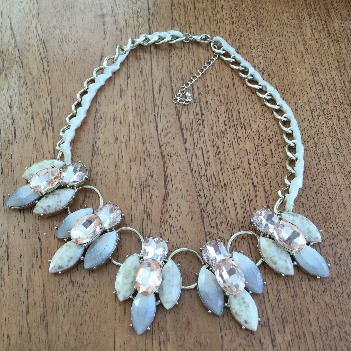 Statement Silver Tone Collar Necklace With Peachy Orange Large Rhinestones & Woven Ribbon