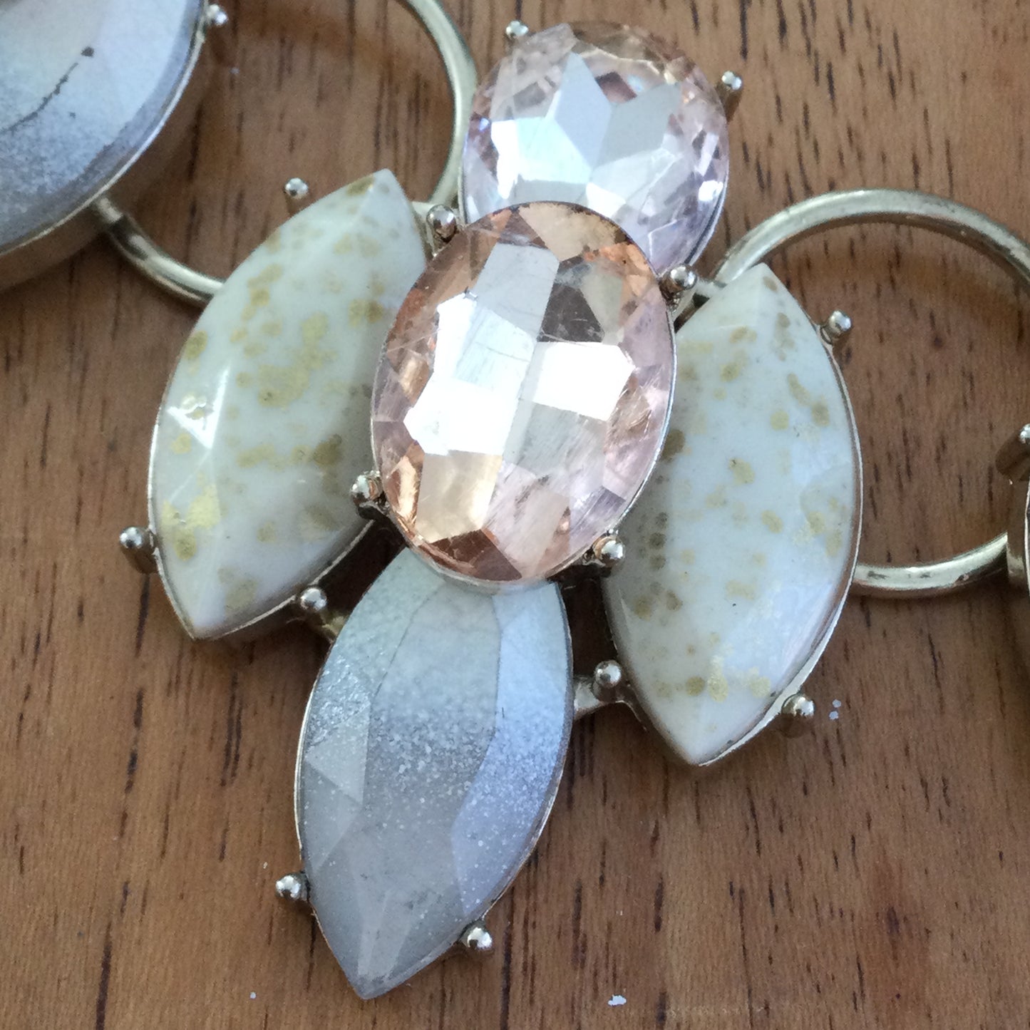Statement Silver Tone Collar Necklace With Peachy Orange Large Rhinestones & Woven Ribbon