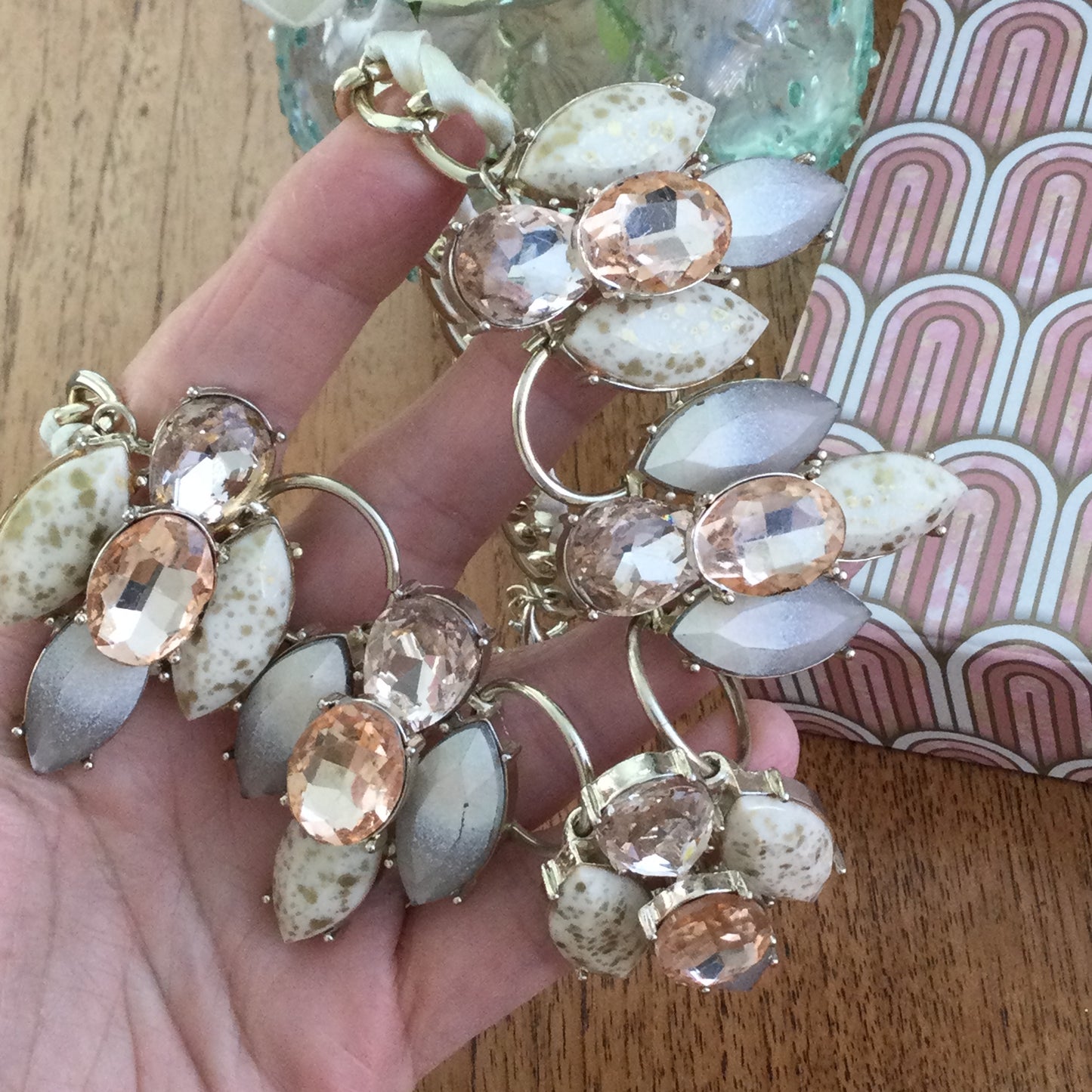 Statement Silver Tone Collar Necklace With Peachy Orange Large Rhinestones & Woven Ribbon