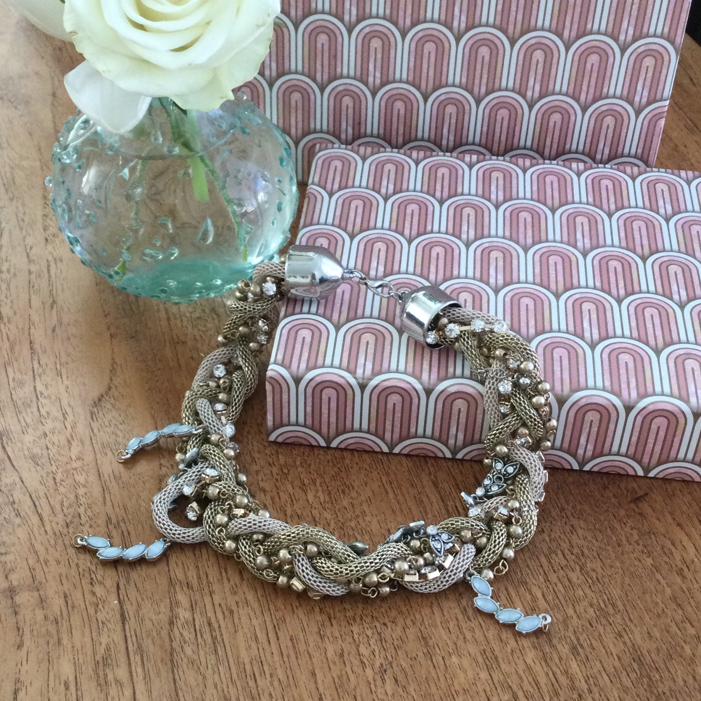 Gold Silver Tone Beige Mesh Chunky Bold Statement Necklace Woven / Plaited With Diamante