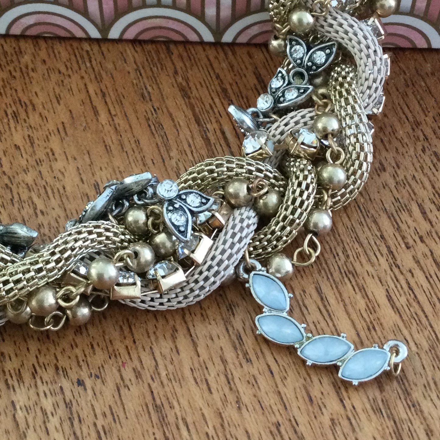 Gold Silver Tone Beige Mesh Chunky Bold Statement Necklace Woven / Plaited With Diamante