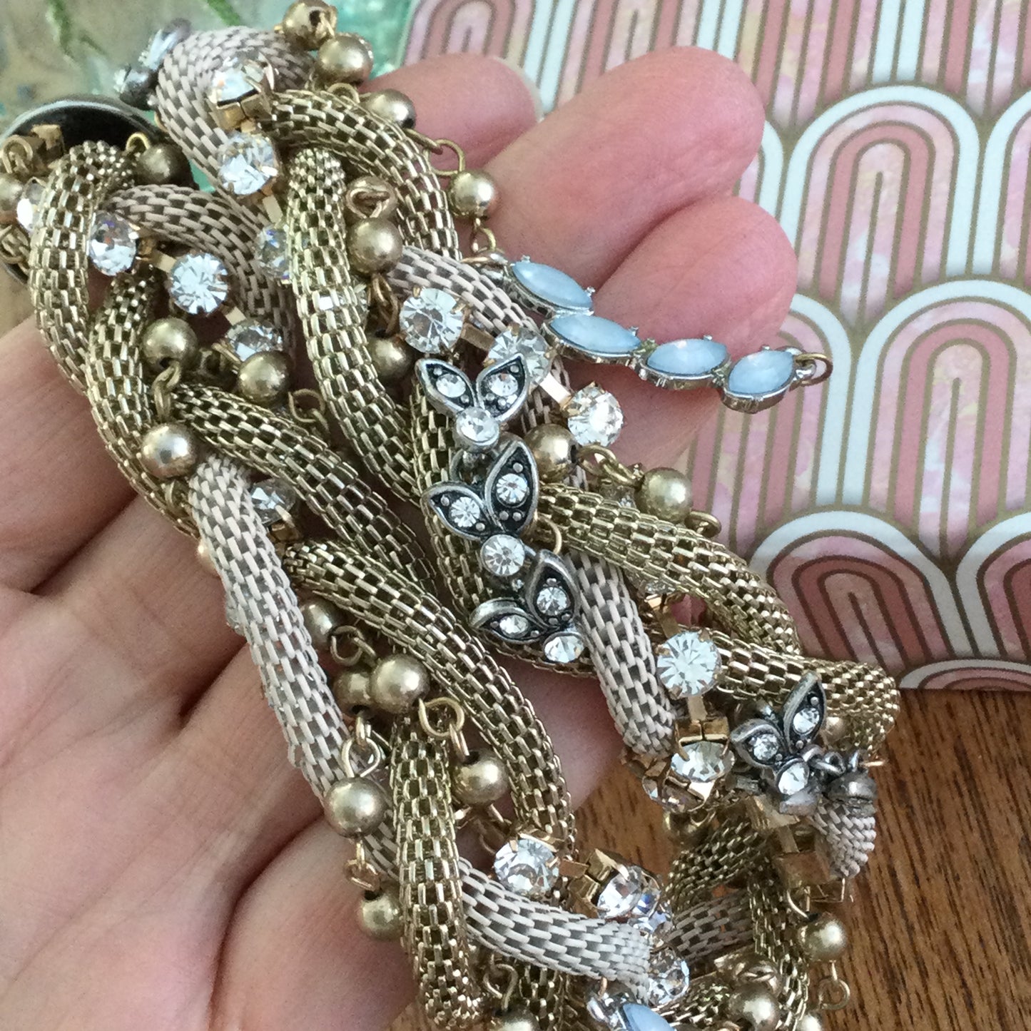 Gold Silver Tone Beige Mesh Chunky Bold Statement Necklace Woven / Plaited With Diamante