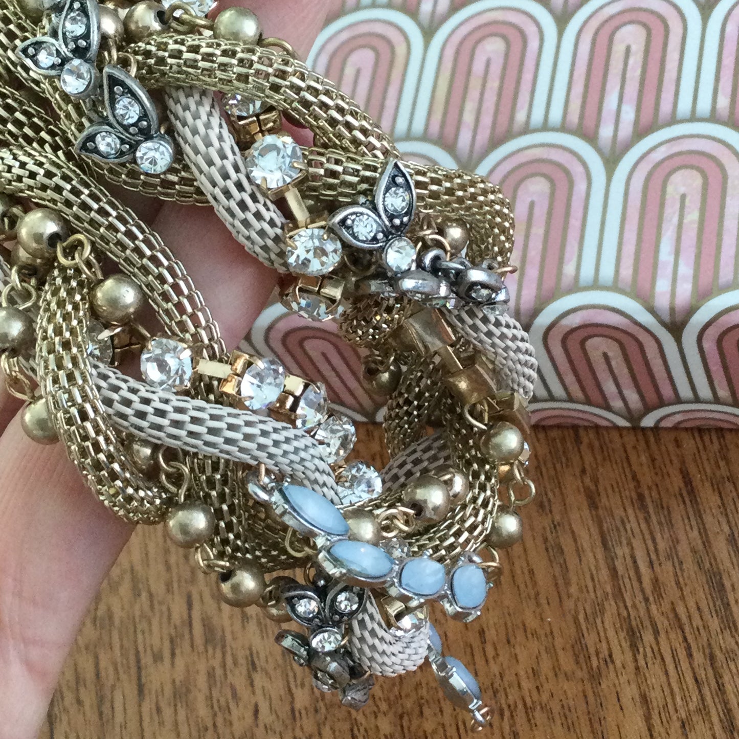 Gold Silver Tone Beige Mesh Chunky Bold Statement Necklace Woven / Plaited With Diamante