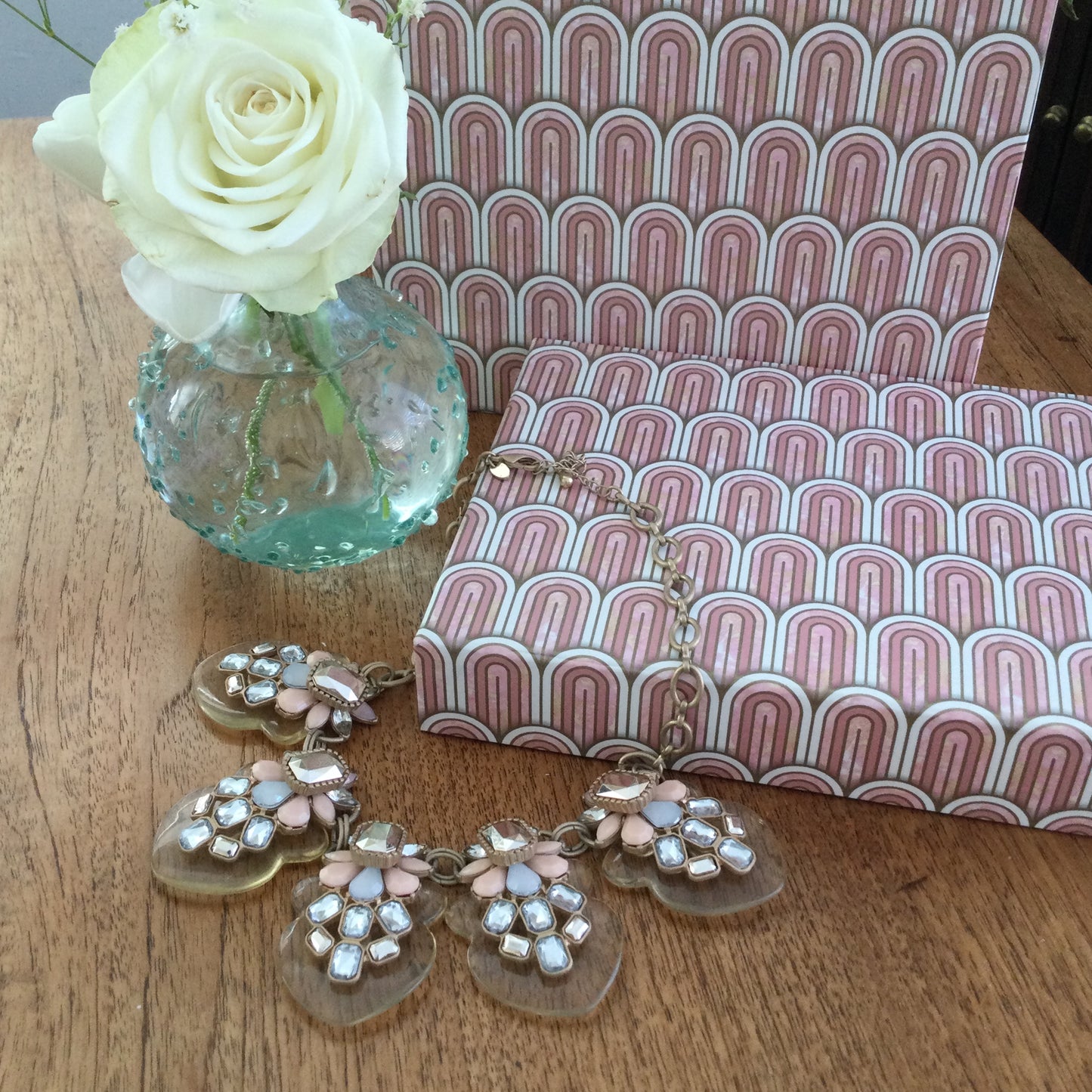 Beautiful Statement Collar Necklace M&S Antique Gold Colour Chain With Soft Pink & Diamante Stones On Perspex