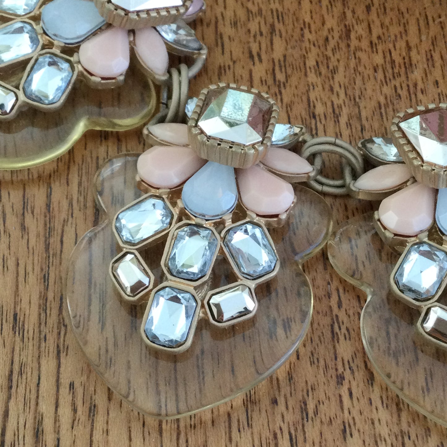 Beautiful Statement Collar Necklace M&S Antique Gold Colour Chain With Soft Pink & Diamante Stones On Perspex