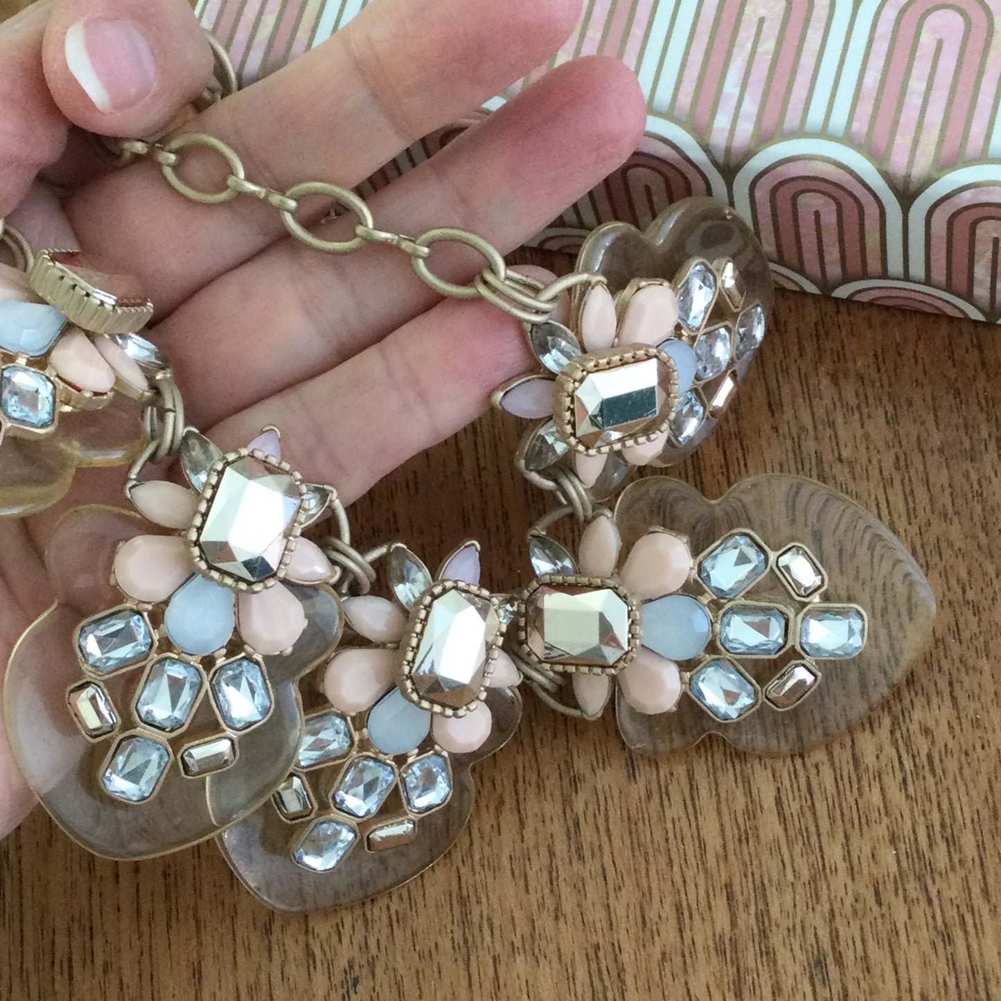 Beautiful Statement Collar Necklace M&S Antique Gold Colour Chain With Soft Pink & Diamante Stones On Perspex