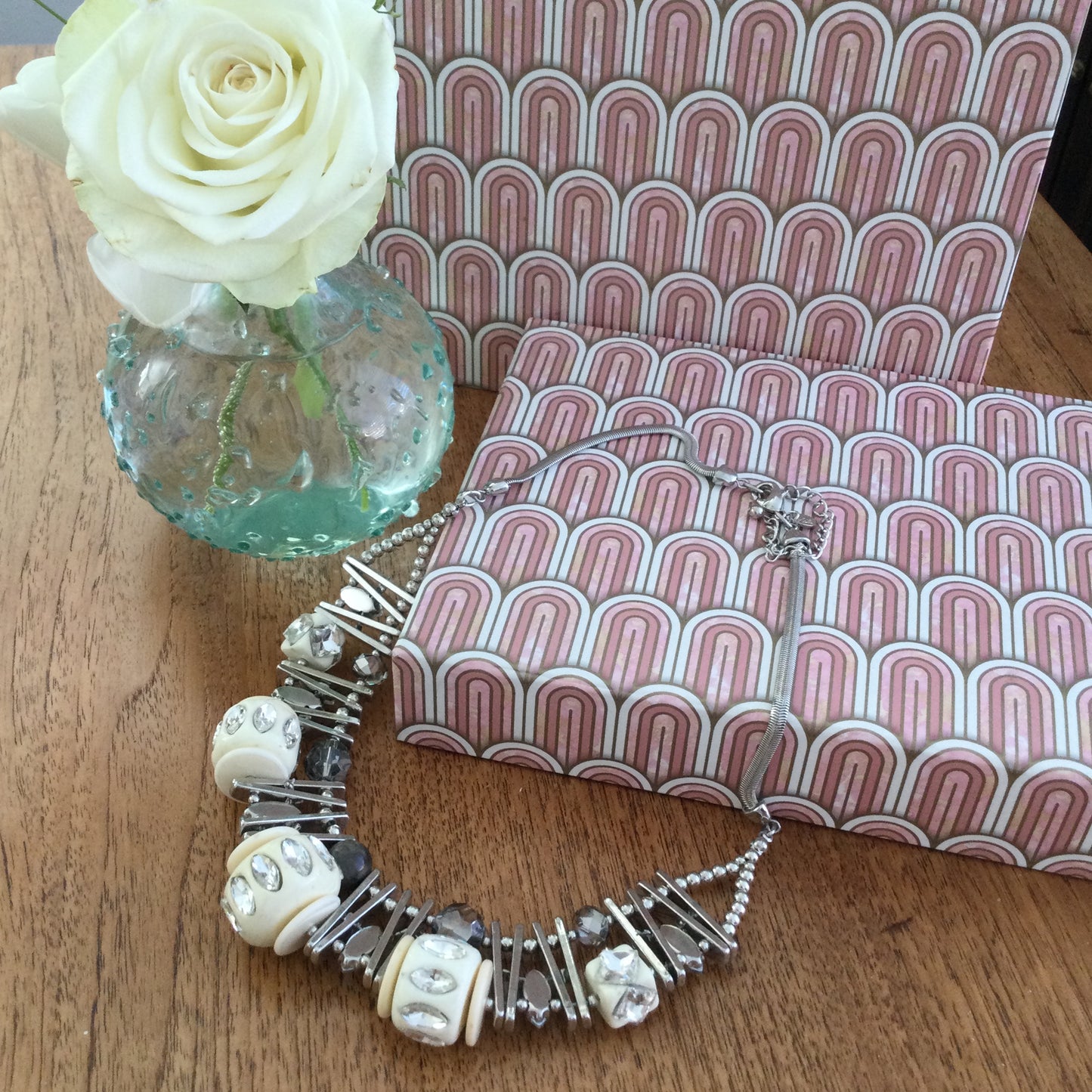 M&S Statement Chunky Collar Necklace Silver Tone With Cream Acrylic Beads And Clear Rhinestones