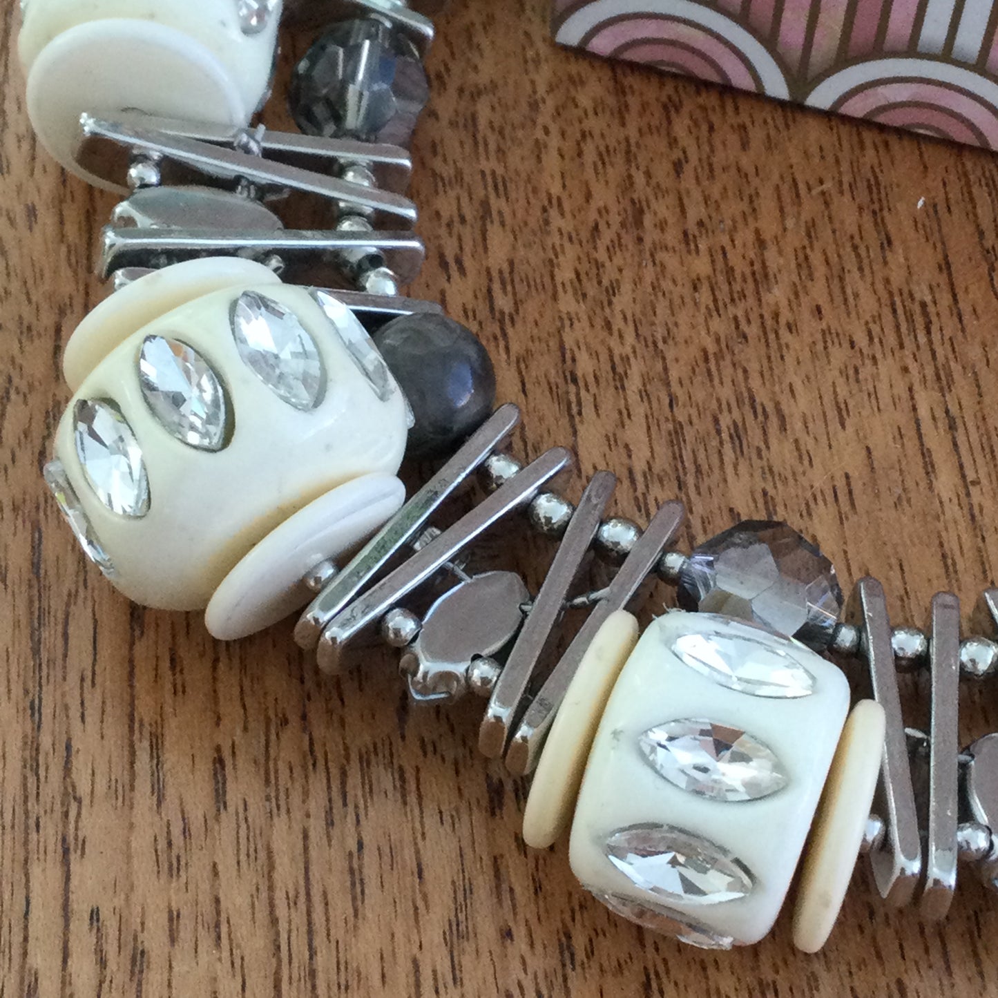 M&S Statement Chunky Collar Necklace Silver Tone With Cream Acrylic Beads And Clear Rhinestones