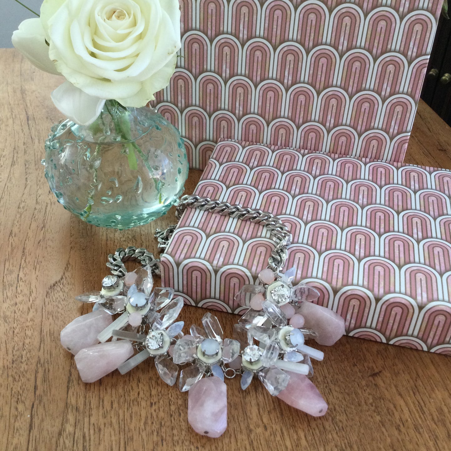 Rose Quartz Statement Necklace M&S Per Una On Chunky Silver Tone Curb Chain