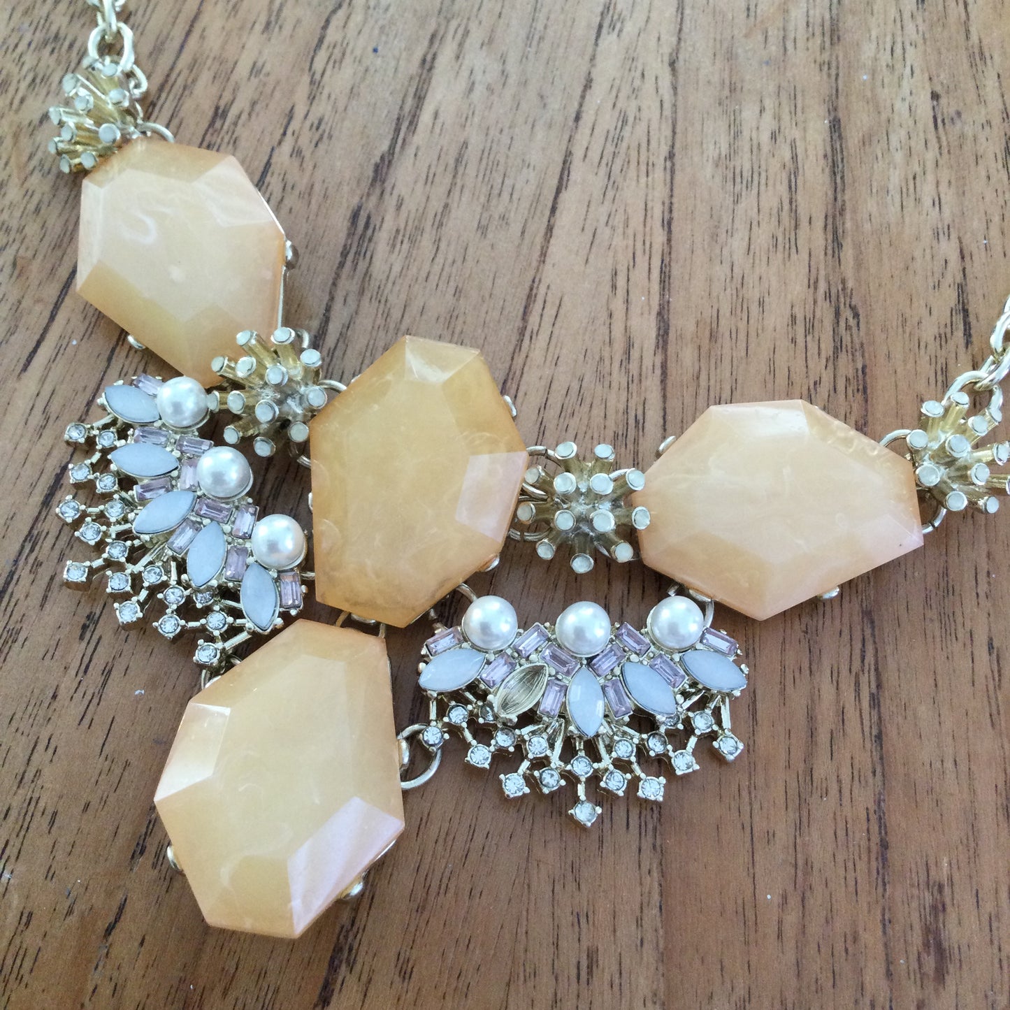 Statement Gold Tone Collar Necklace - Peachy Orange Large Facetted Stones, Simulated Pearls & Diamante