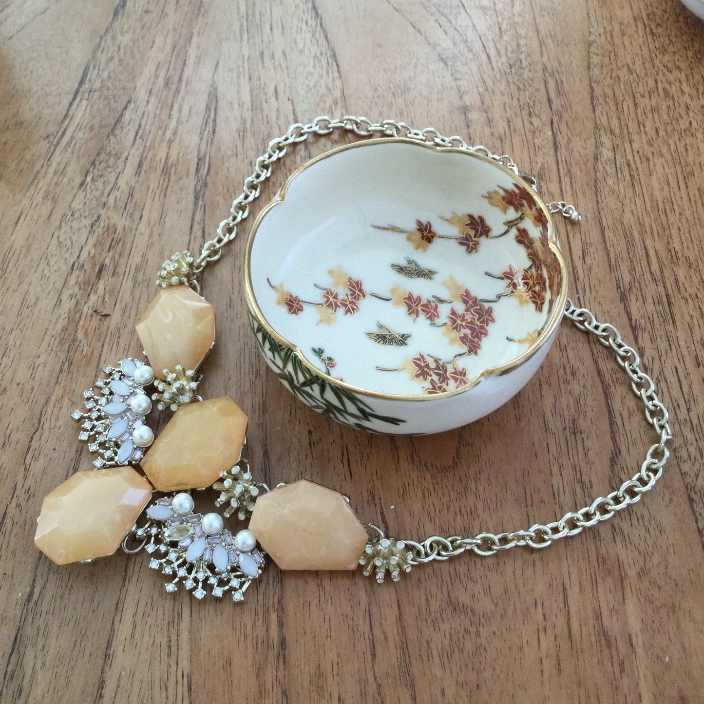 Statement Gold Tone Collar Necklace - Peachy Orange Large Facetted Stones, Simulated Pearls & Diamante