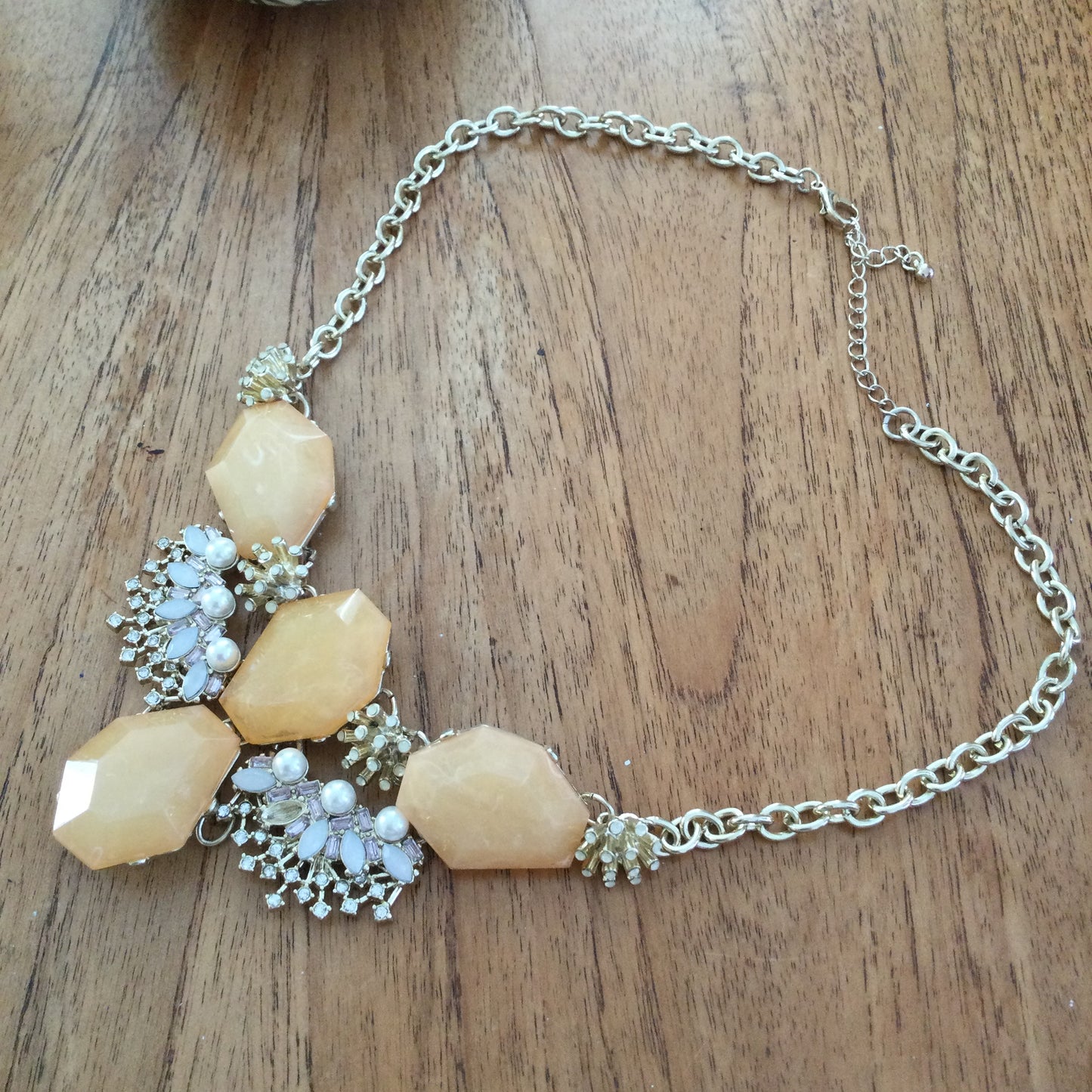 Statement Gold Tone Collar Necklace - Peachy Orange Large Facetted Stones, Simulated Pearls & Diamante