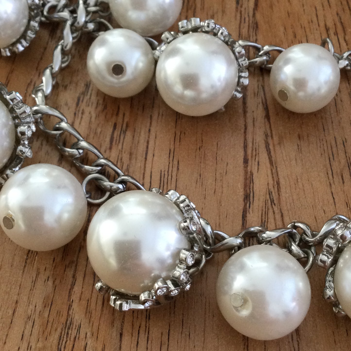 M&S Per Una Chunky Statement Necklace Simulated Pearls With Silver Tone Curb Chain Dangling Diamante